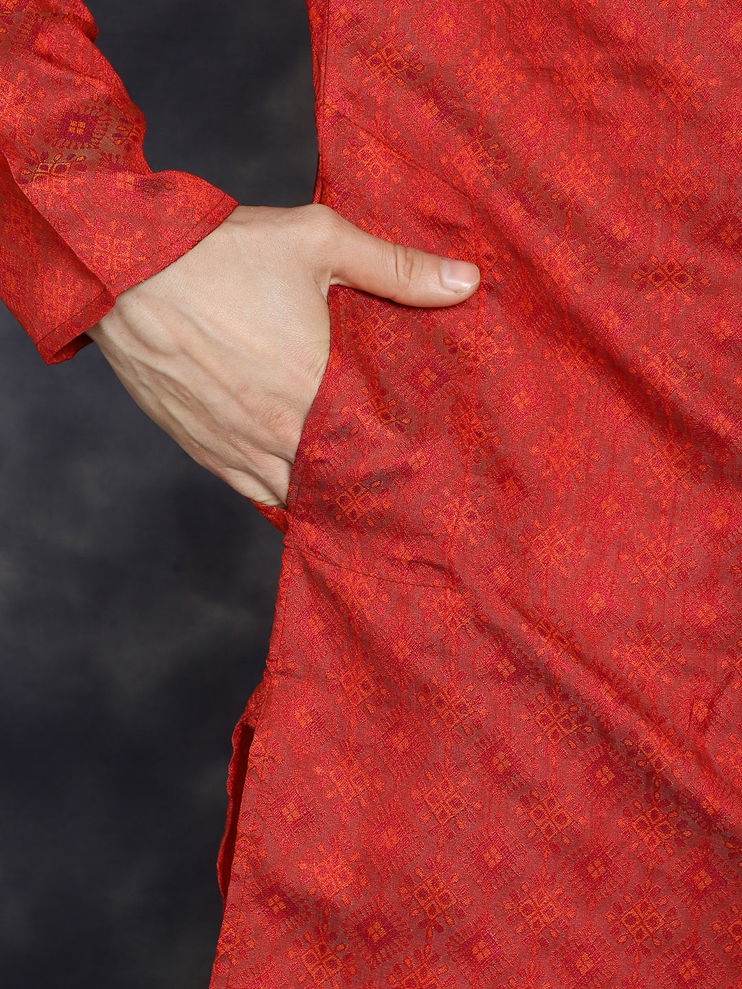 Men's Red Woven Design Kurta with Pyjama - Taantav