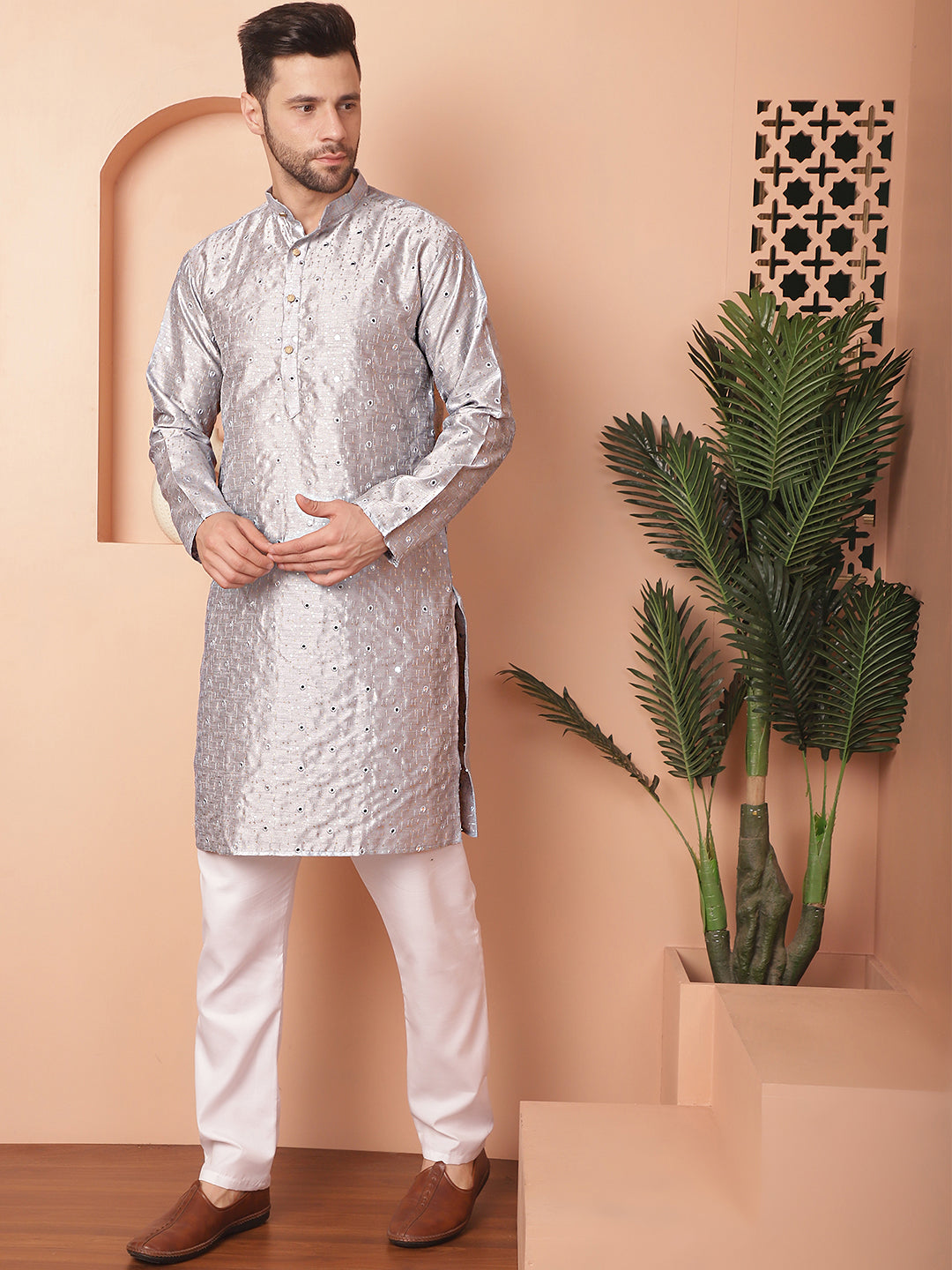 Men's Embroidered Mirror Work Kurta Pyjama Sets - Taantav