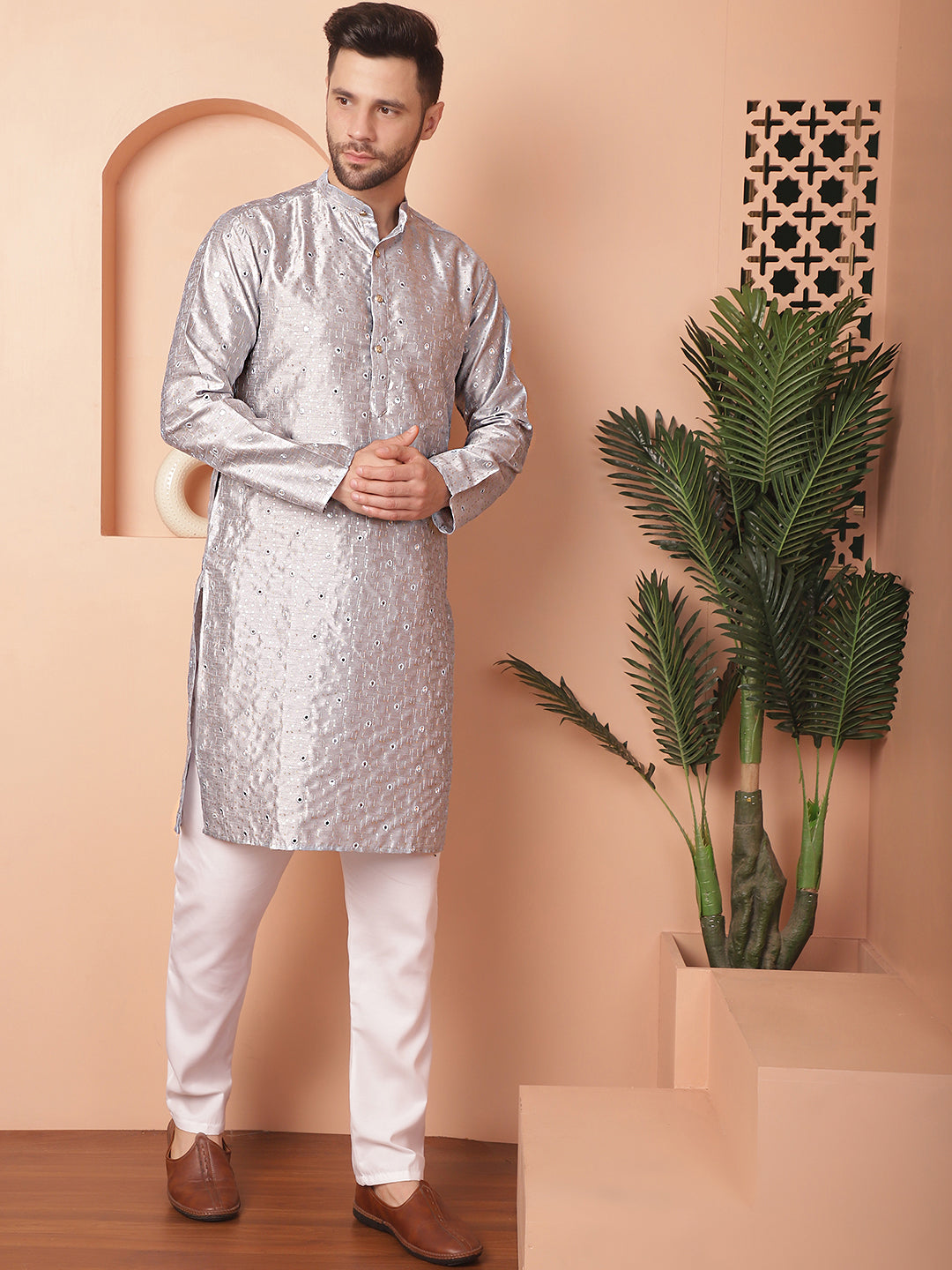 Men's Embroidered Mirror Work Kurta Pyjama Sets - Taantav