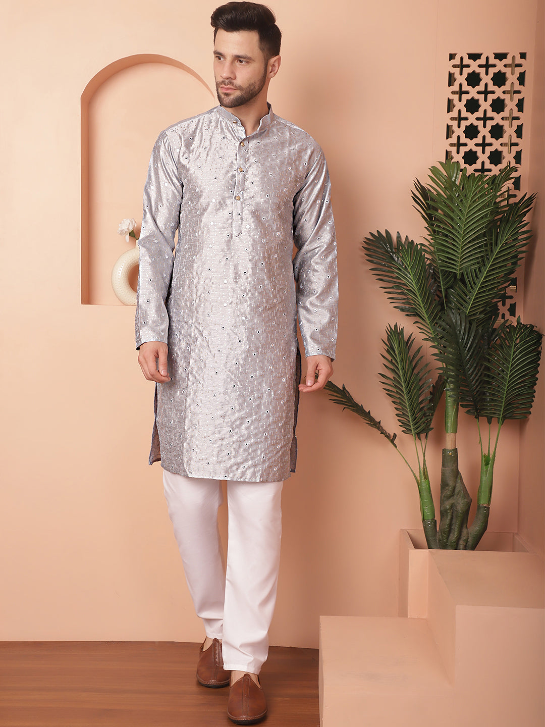 Men's Embroidered Mirror Work Kurta Pyjama Sets - Taantav