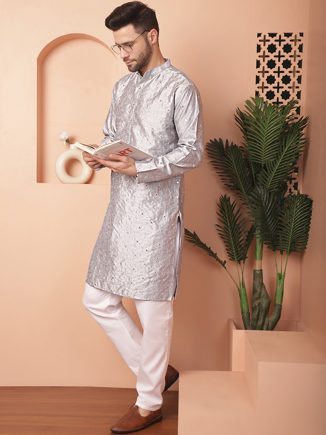 Men's Embroidered Mirror Work Kurta Pyjama Sets - Taantav