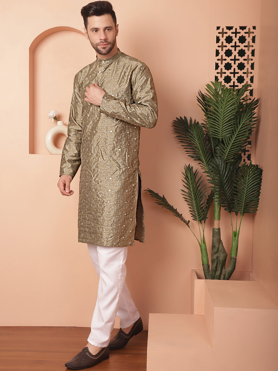 Men's Embroidered Mirror Work Kurta Pyjama Sets - Taantav