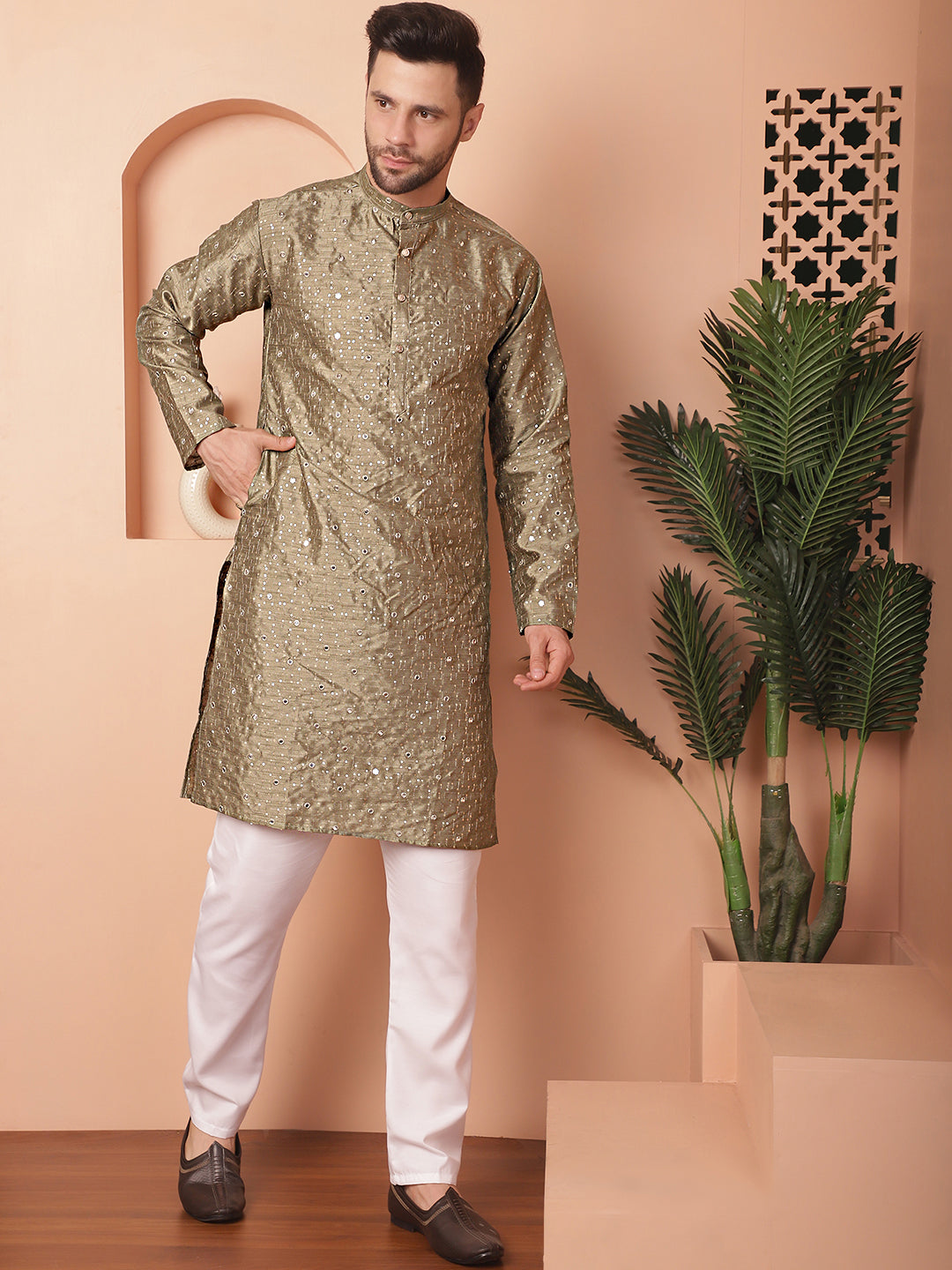 Men's Embroidered Mirror Work Kurta Pyjama Sets - Taantav