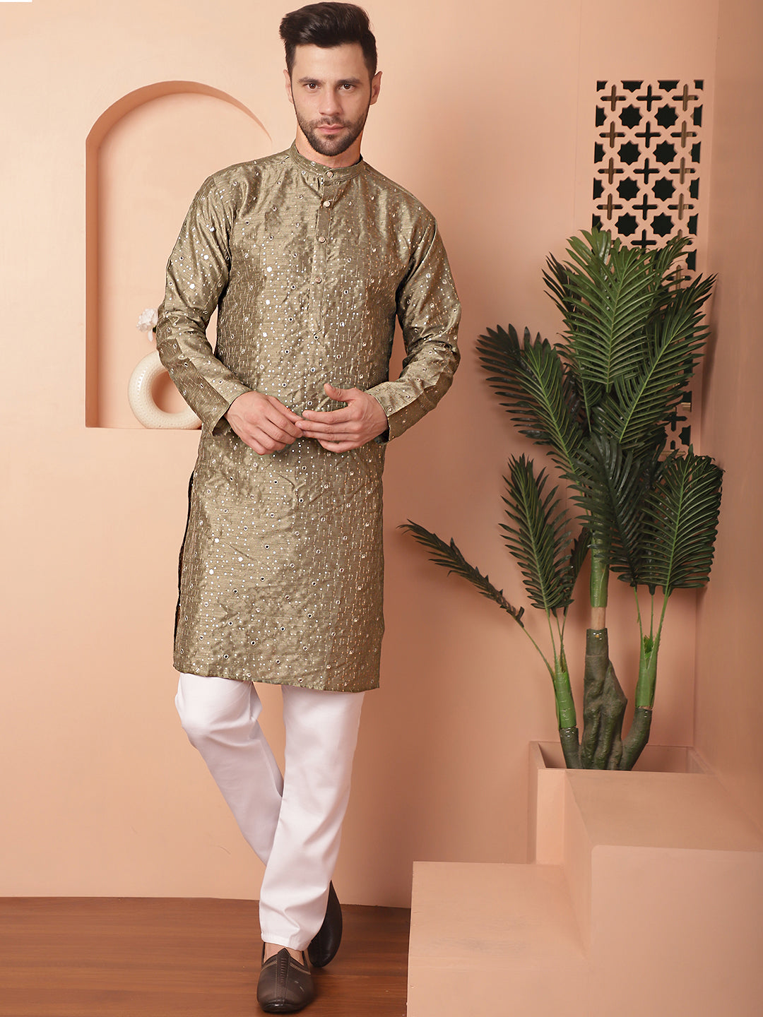 Men's Embroidered Mirror Work Kurta Pyjama Sets - Taantav