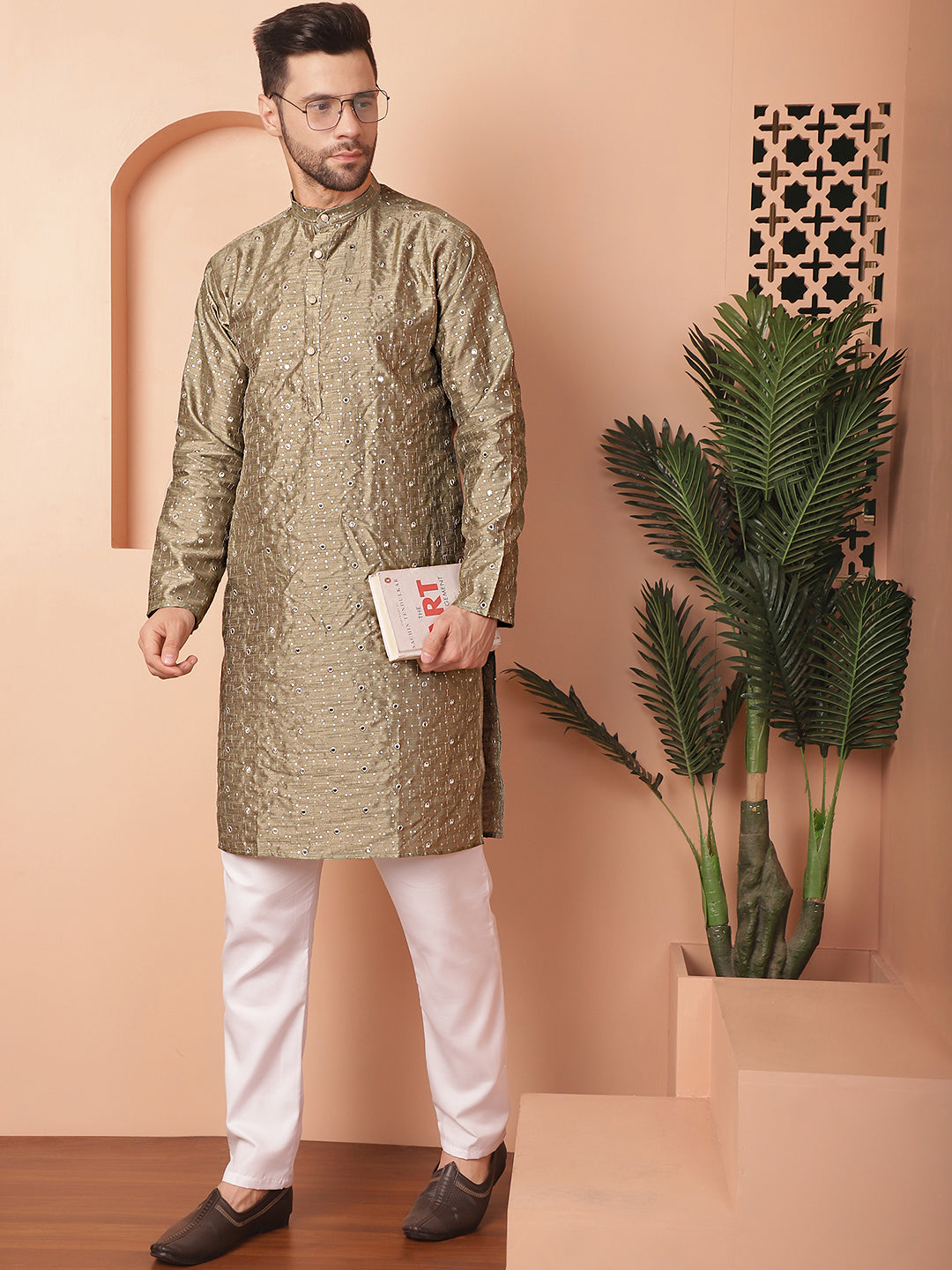 Men's Embroidered Mirror Work Kurta Pyjama Sets - Taantav