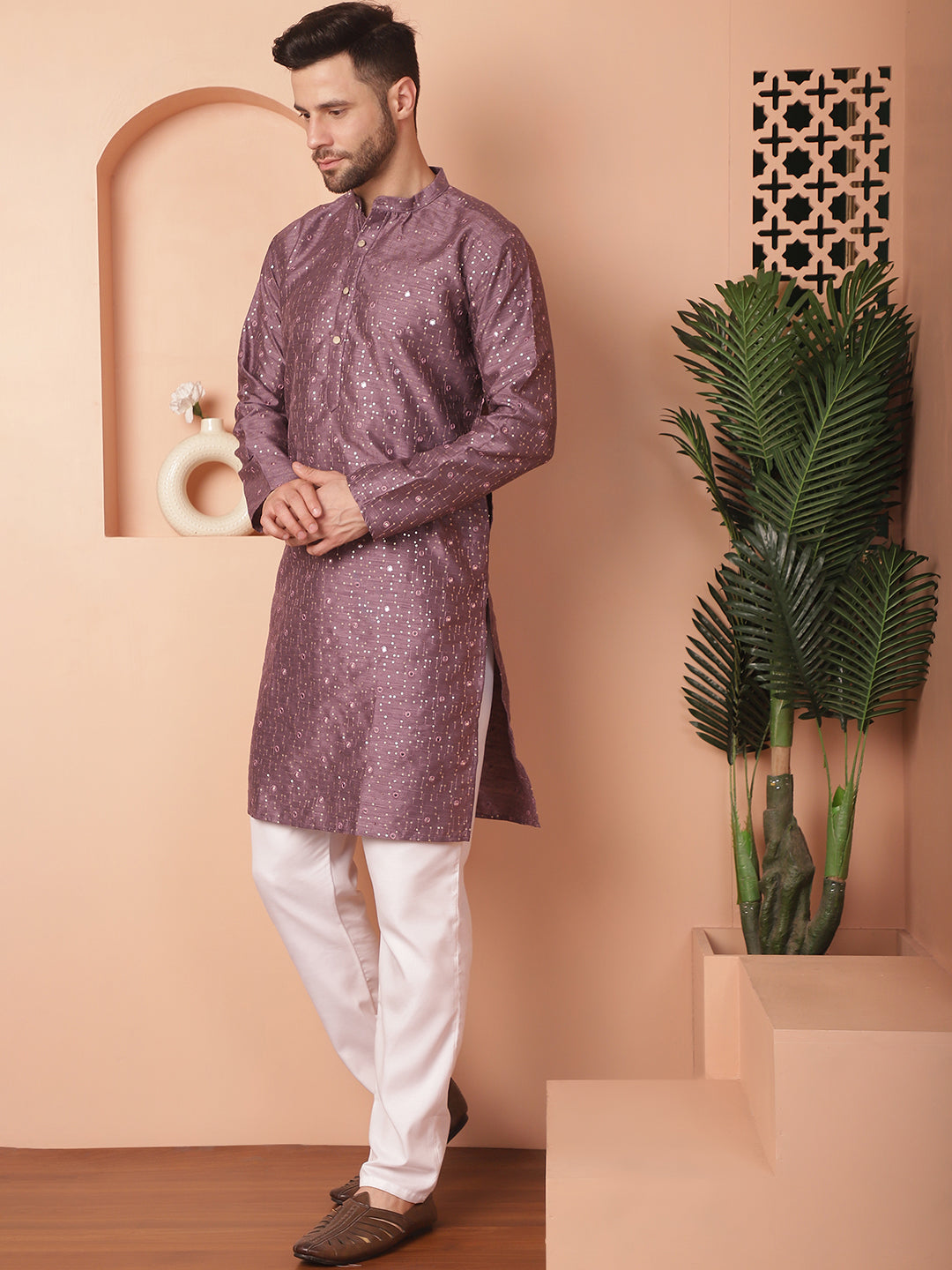 Men's Embroidered Mirror Work Kurta Pyjama Sets - Taantav