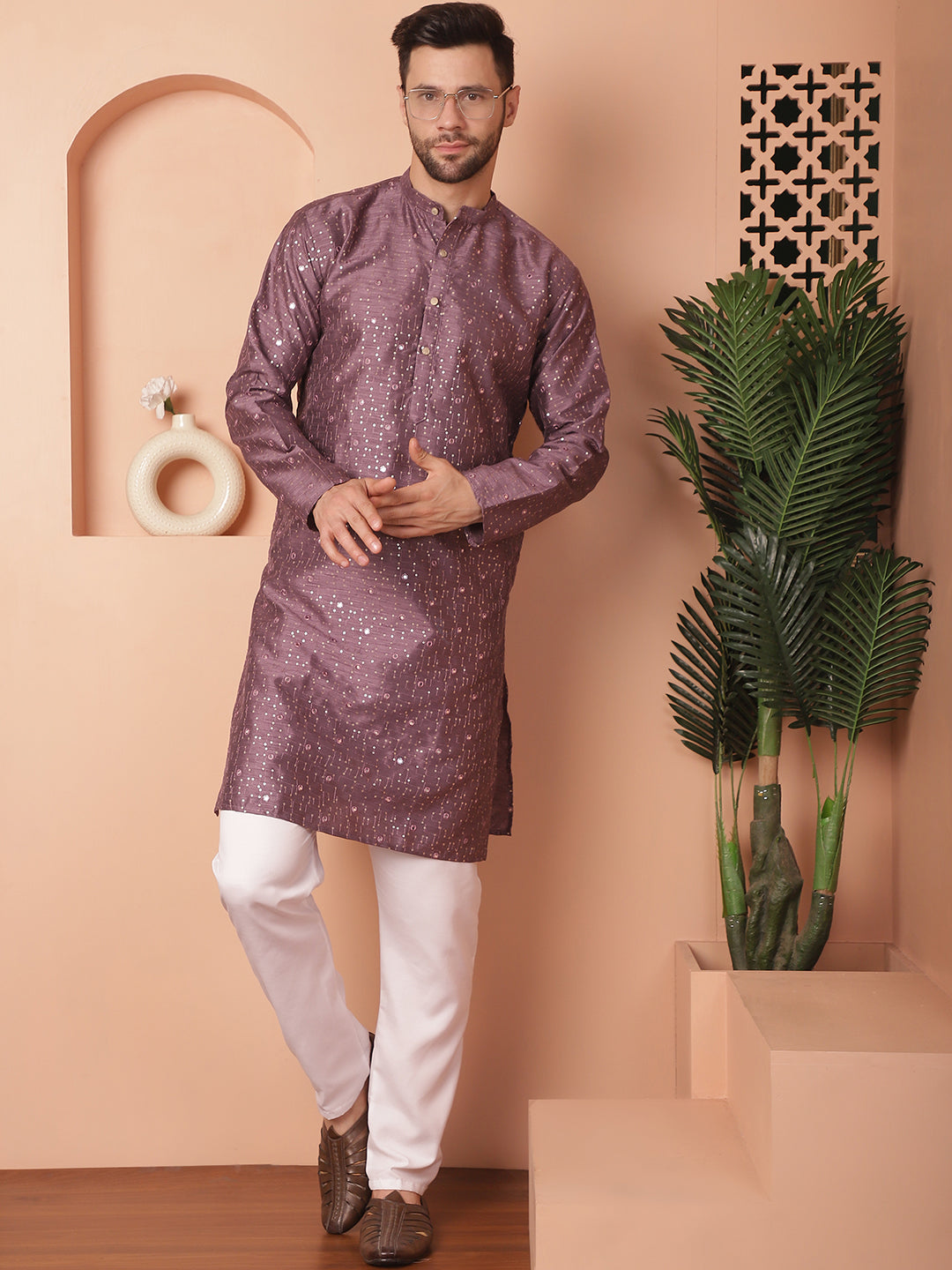 Men's Embroidered Mirror Work Kurta Pyjama Sets - Taantav