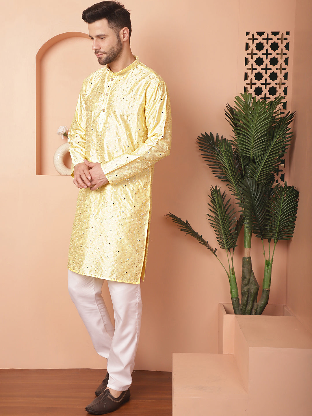 Men's Embroidered Mirror Work Kurta Pyjama Sets - Taantav