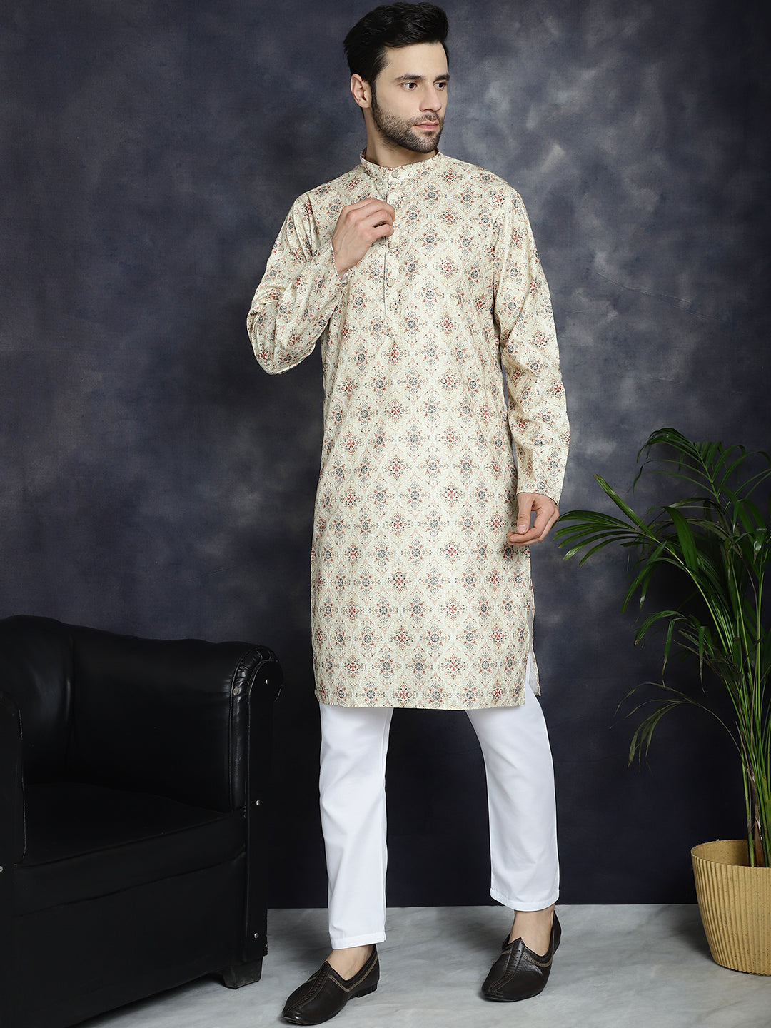 Men's Golden Foil Printed Kurta with Pyjama - Taantav