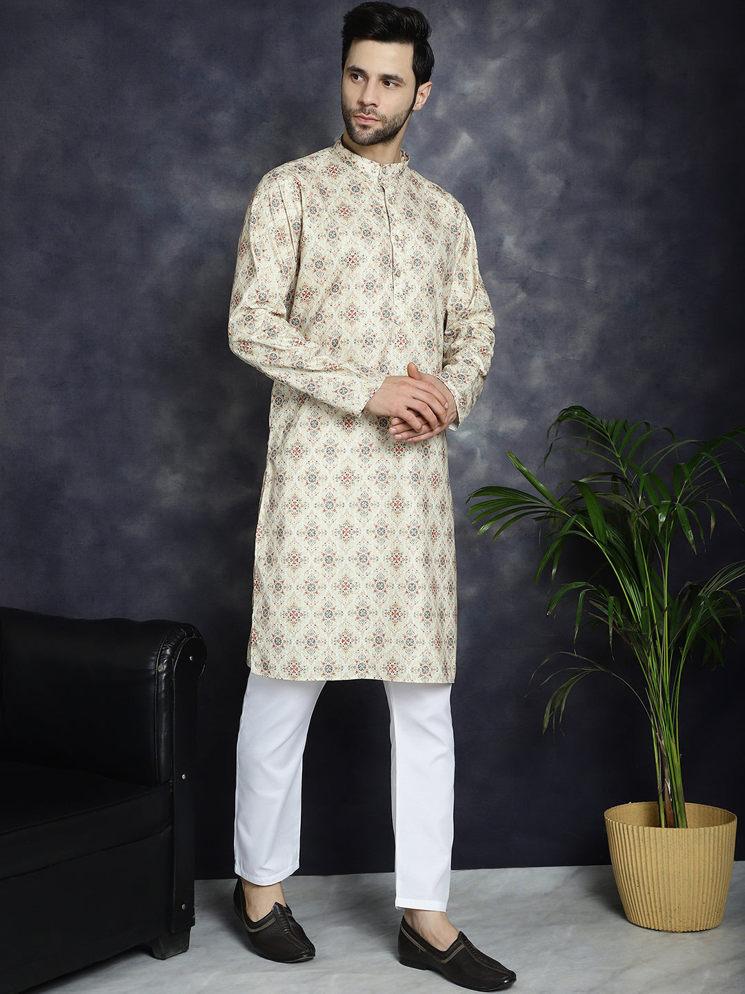 Men's Golden Foil Printed Kurta with Pyjama - Taantav