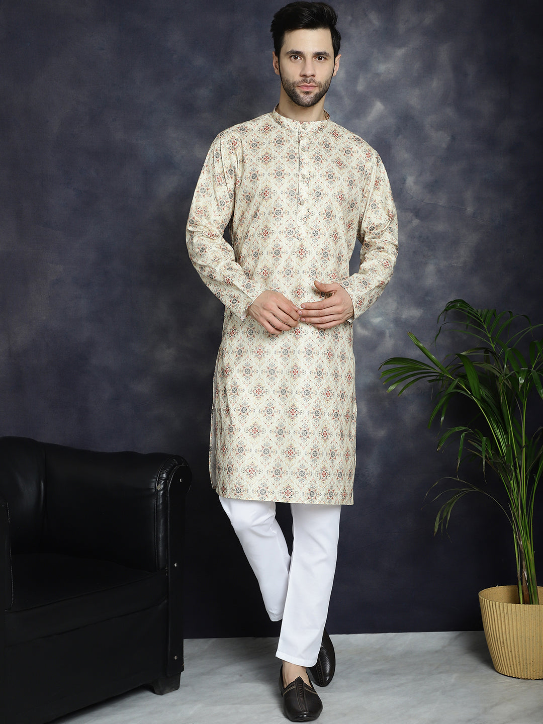 Men's Golden Foil Printed Kurta with Pyjama - Taantav