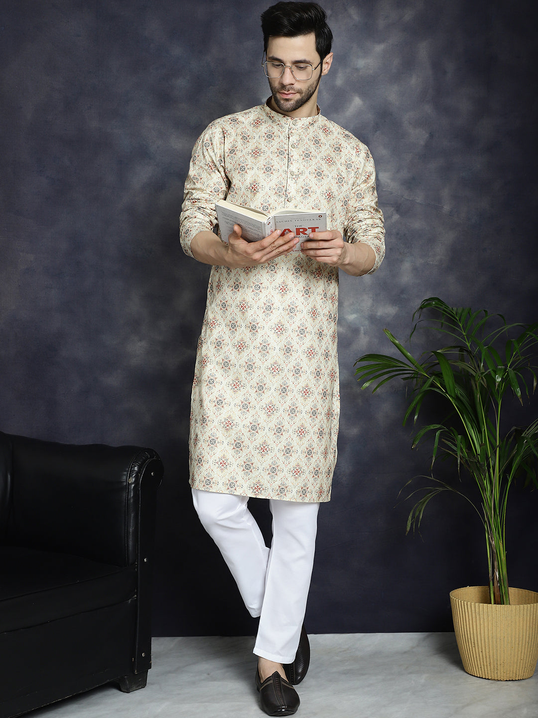 Men's Golden Foil Printed Kurta with Pyjama - Taantav