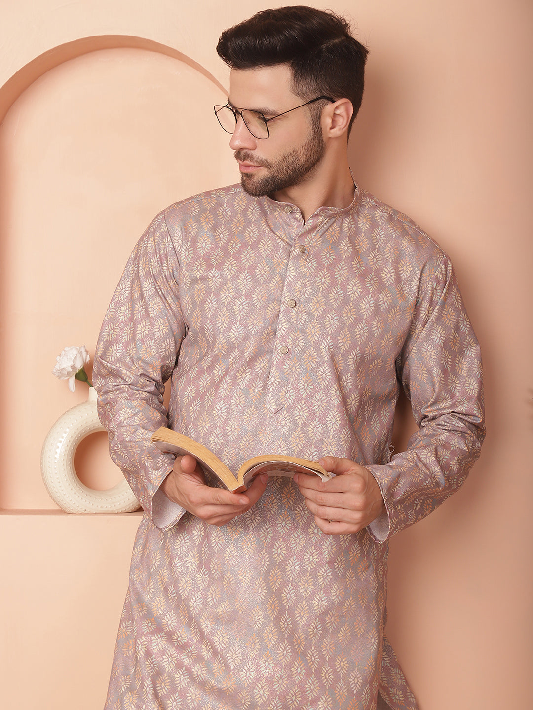 Men's Peach Foil Printed Kurta with Pyjama - Taantav