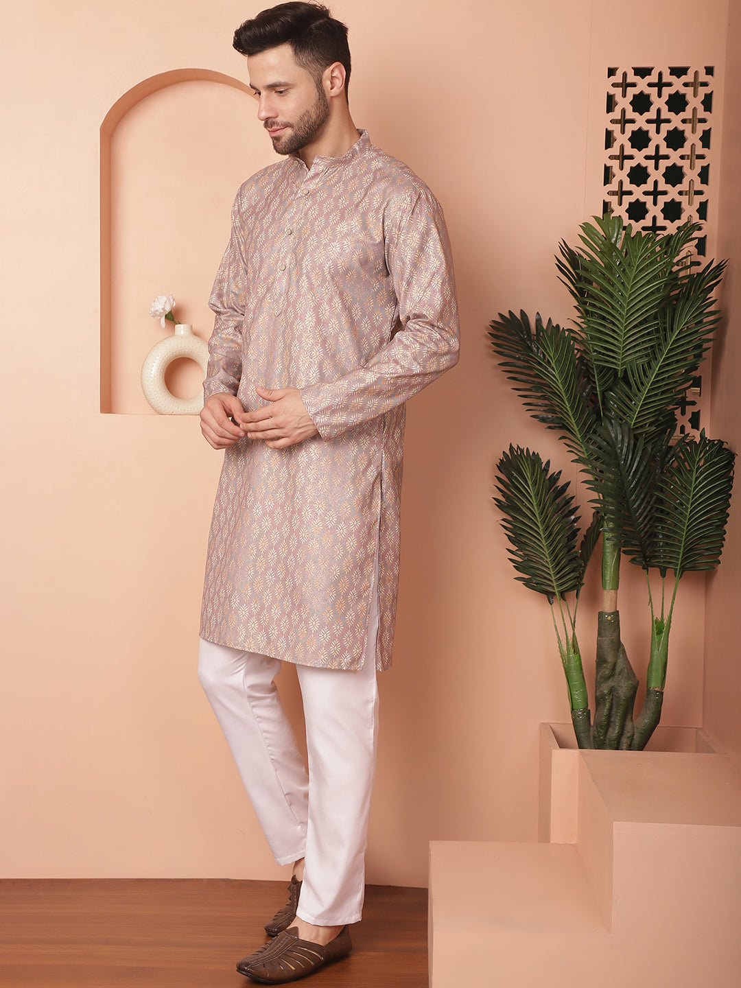 Men's Peach Foil Printed Kurta with Pyjama - Taantav