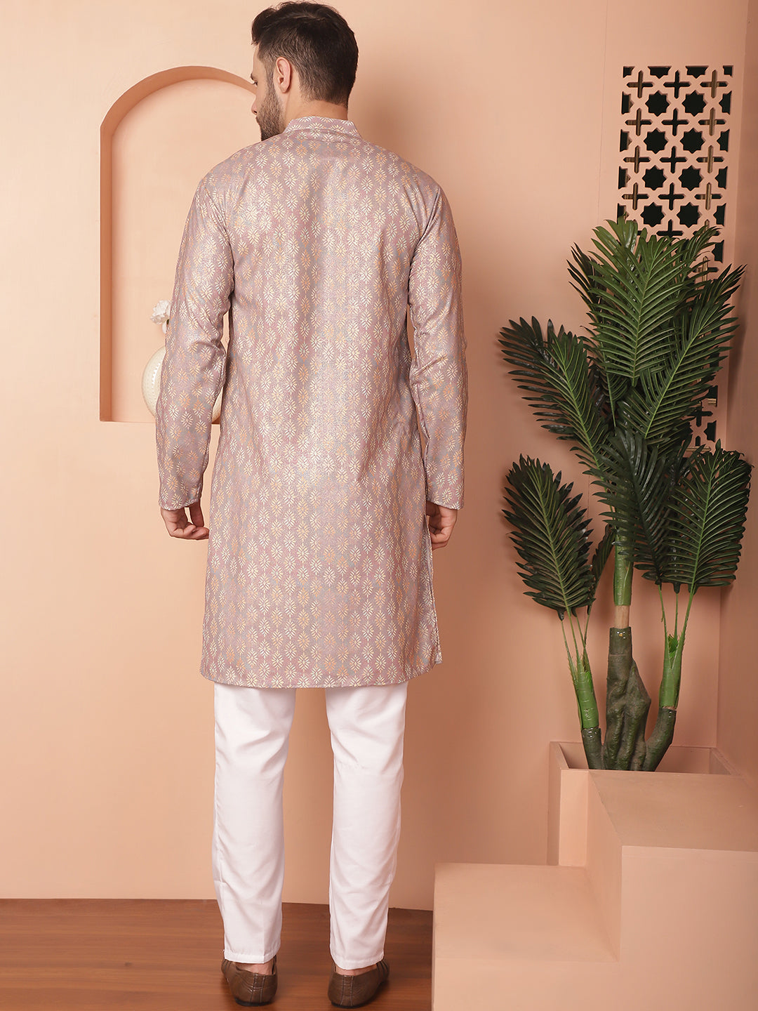 Men's Peach Foil Printed Kurta with Pyjama - Taantav