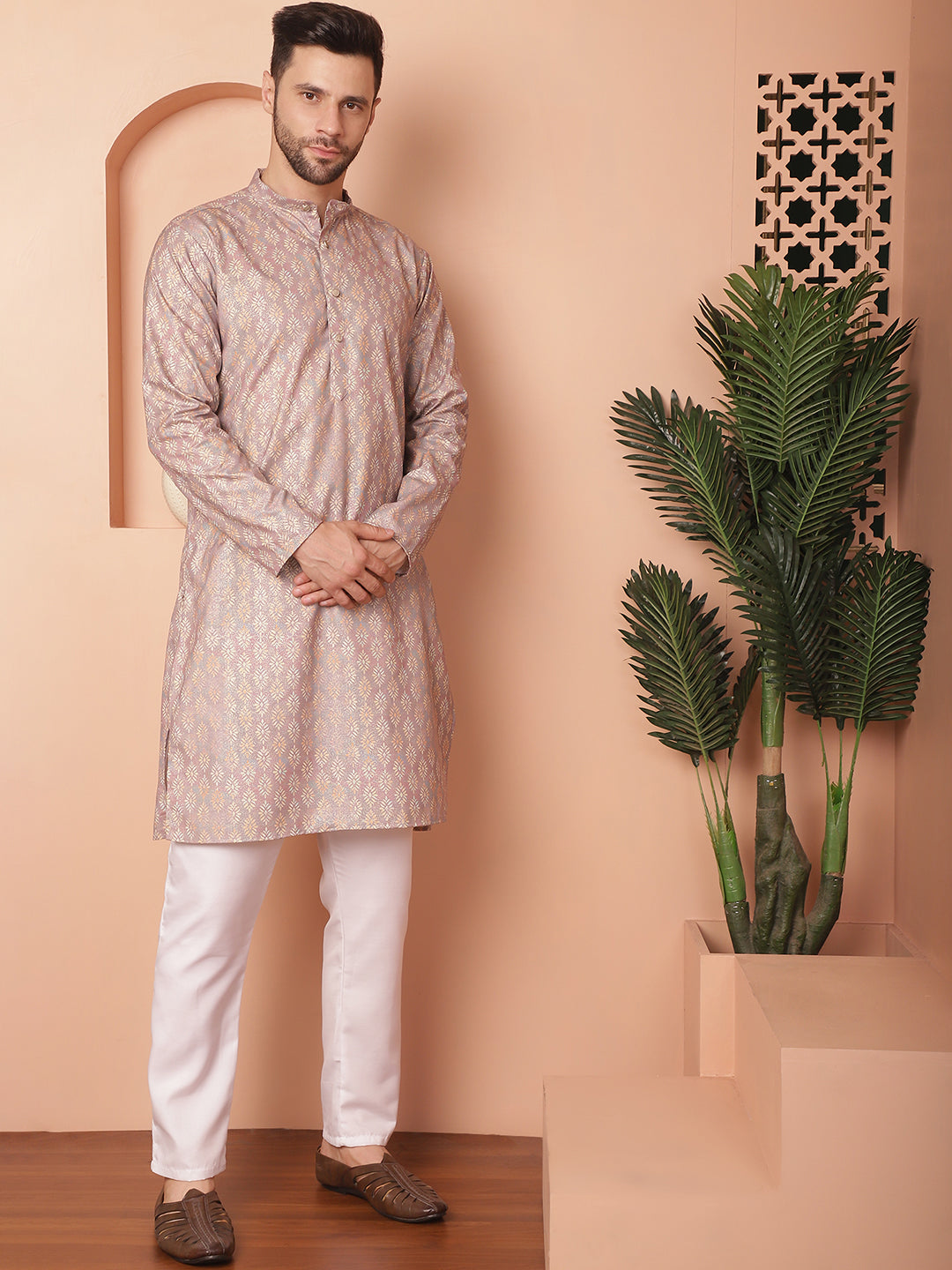 Men's Peach Foil Printed Kurta with Pyjama - Taantav