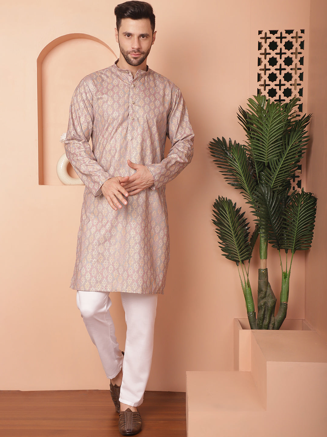 Men's Peach Foil Printed Kurta with Pyjama - Taantav