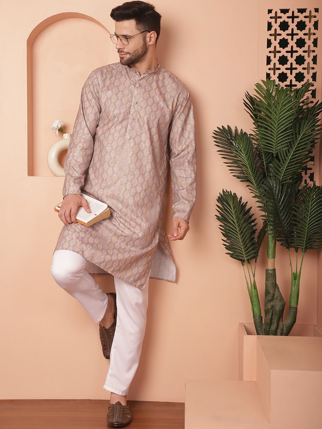 Men's Peach Foil Printed Kurta with Pyjama - Taantav