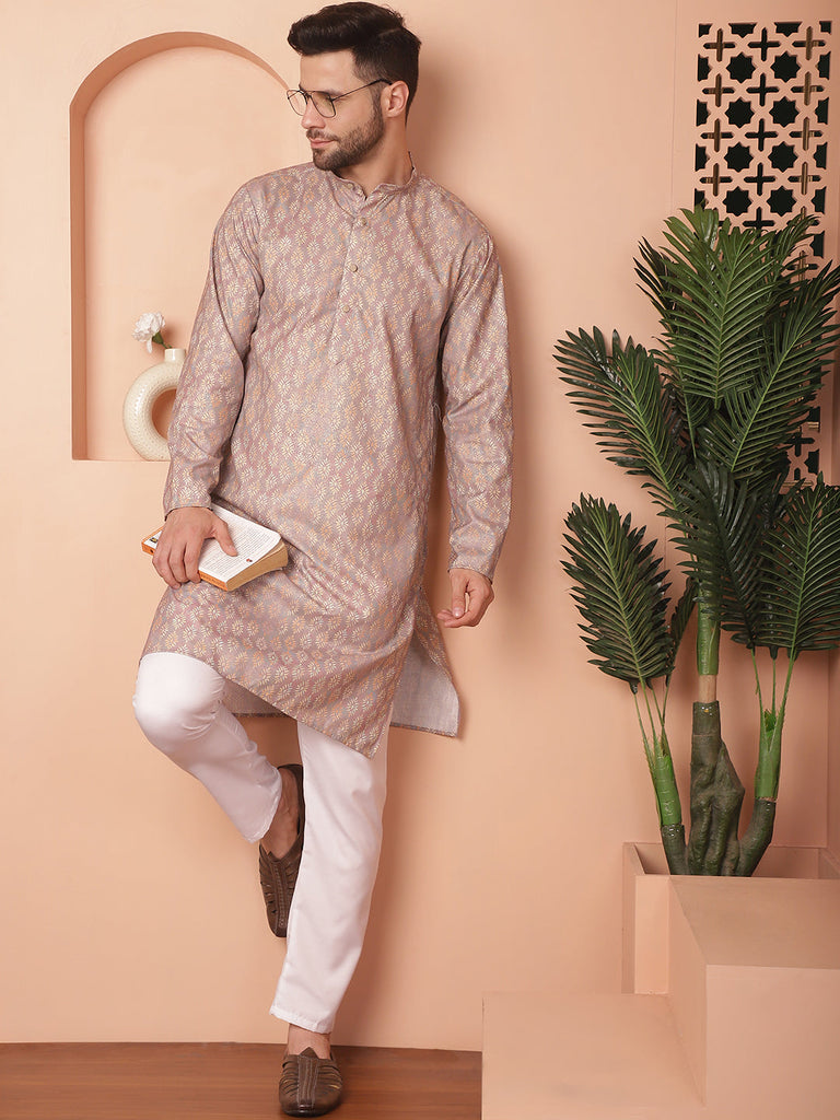 Men's Peach Foil Printed Kurta with Pyjama