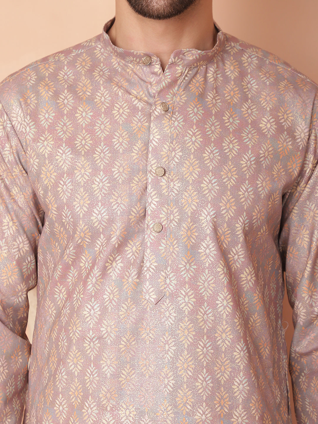 Men's Peach Foil Printed Kurta with Pyjama - Taantav