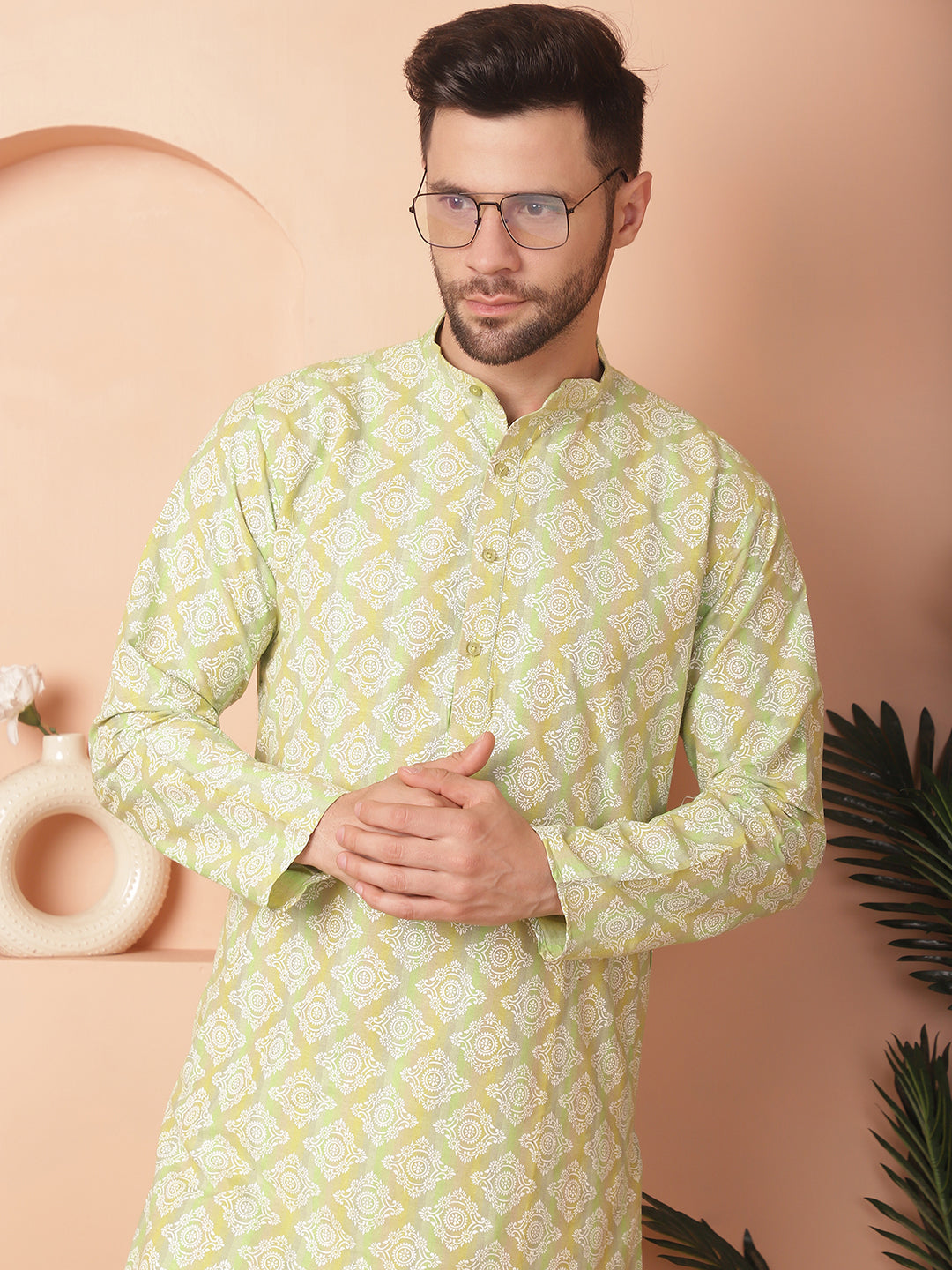 Men's Green and White Floral Printed Kurta with Churidar - Taantav