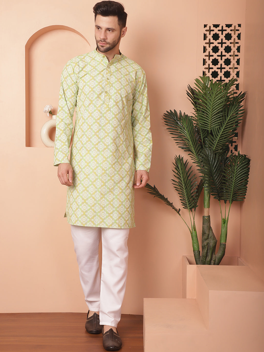 Men's Green and White Floral Printed Kurta with Churidar - Taantav