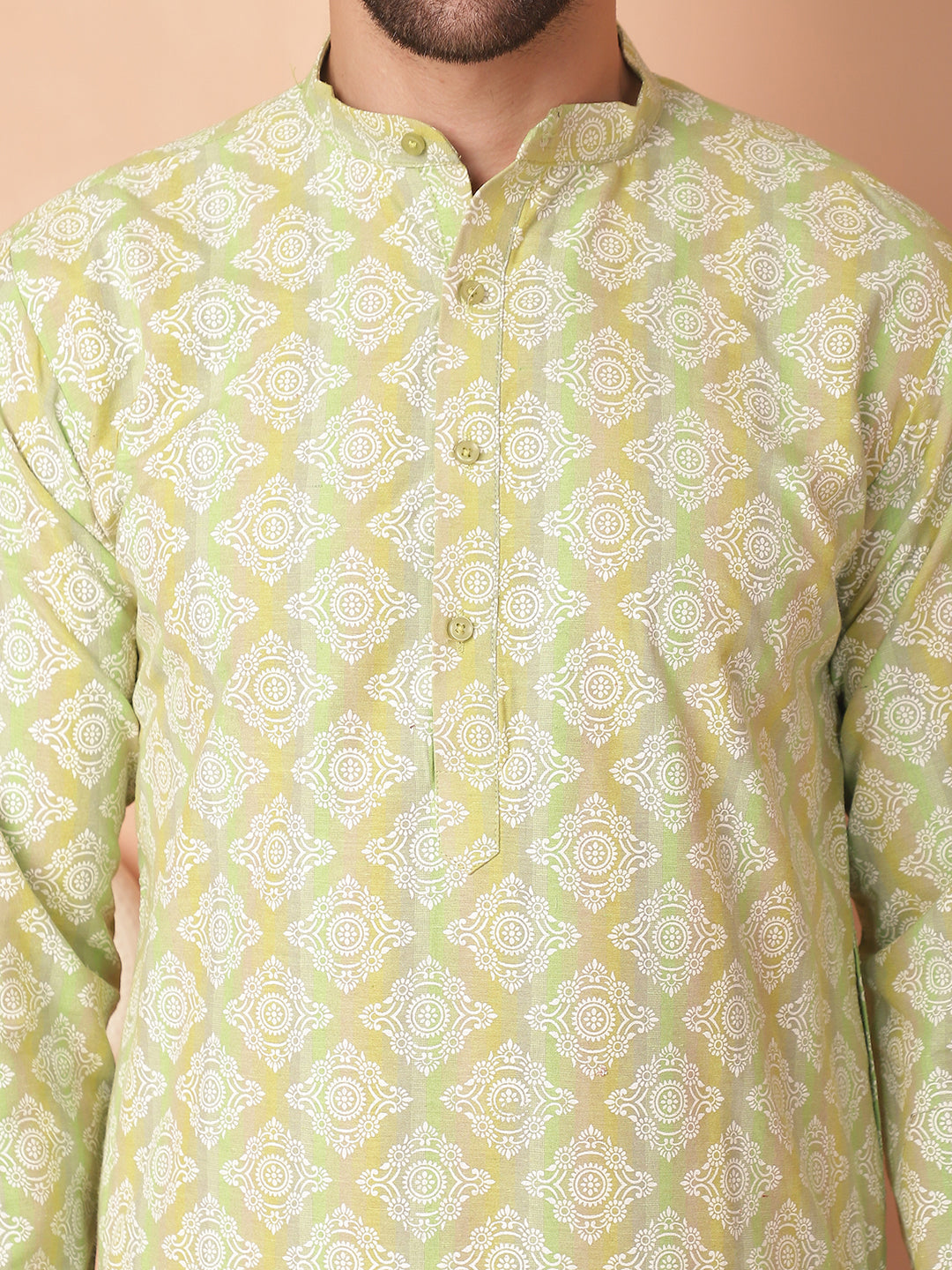 Men's Green and White Floral Printed Kurta with Churidar - Taantav