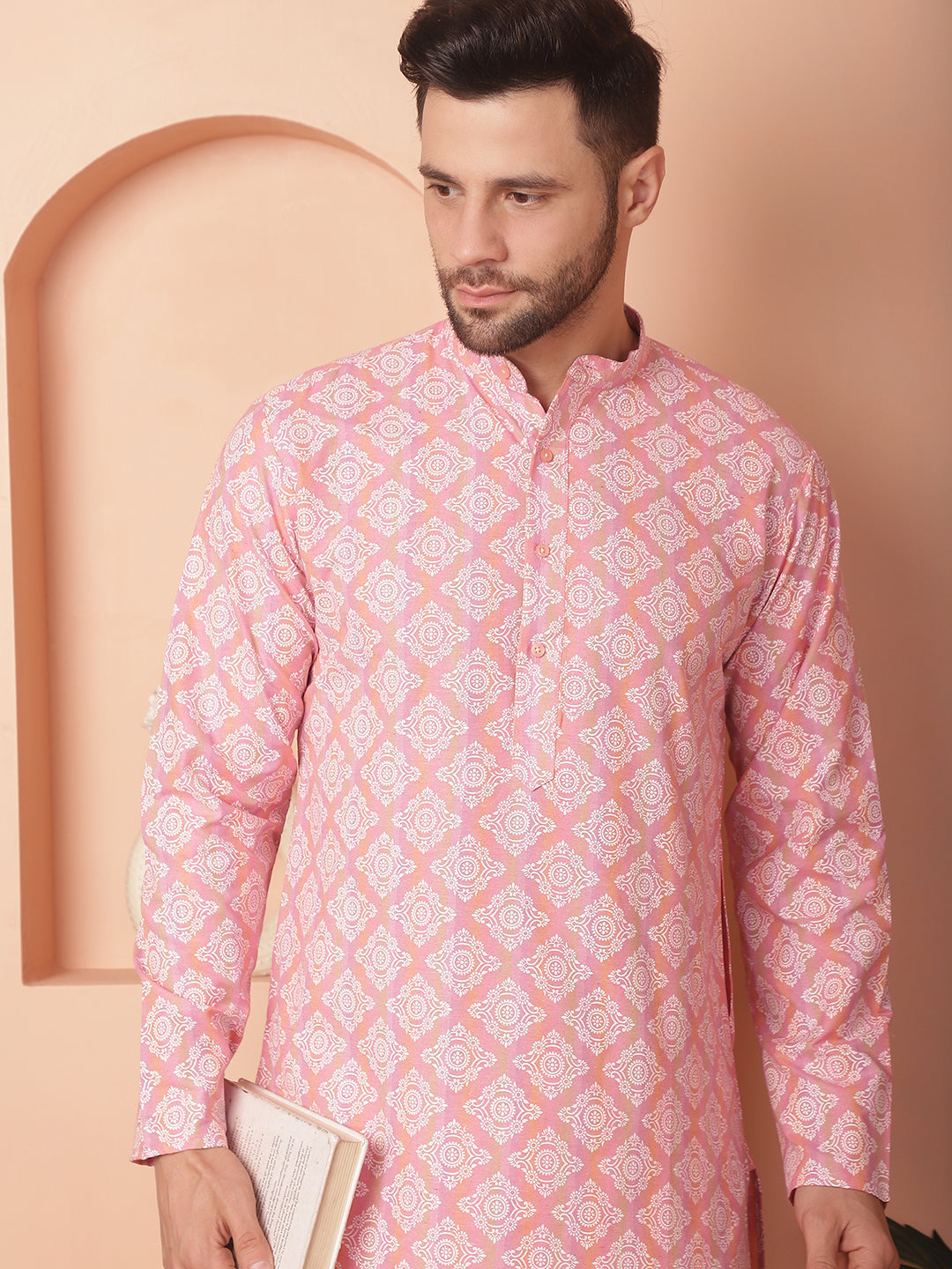 Men's Peach and White Floral Printed Kurta with Churidar - Taantav