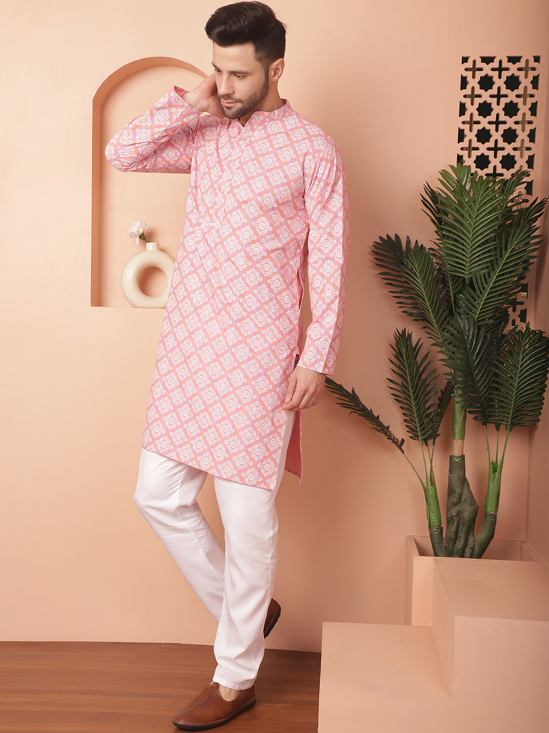 Men's Peach and White Floral Printed Kurta with Churidar - Taantav