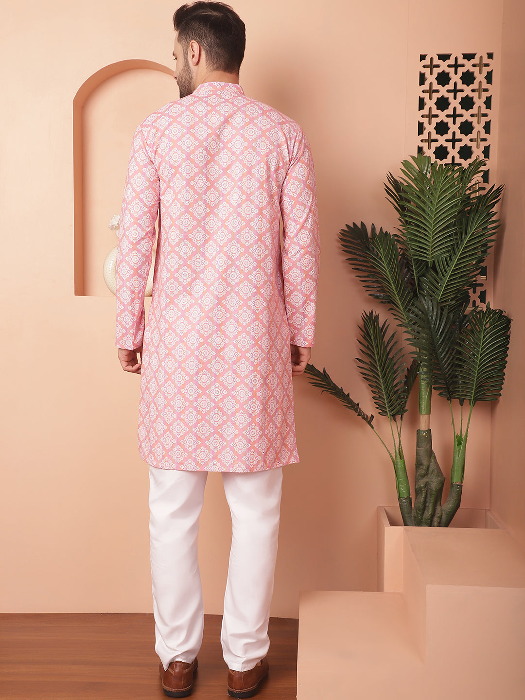 Men's Peach and White Floral Printed Kurta with Churidar - Taantav