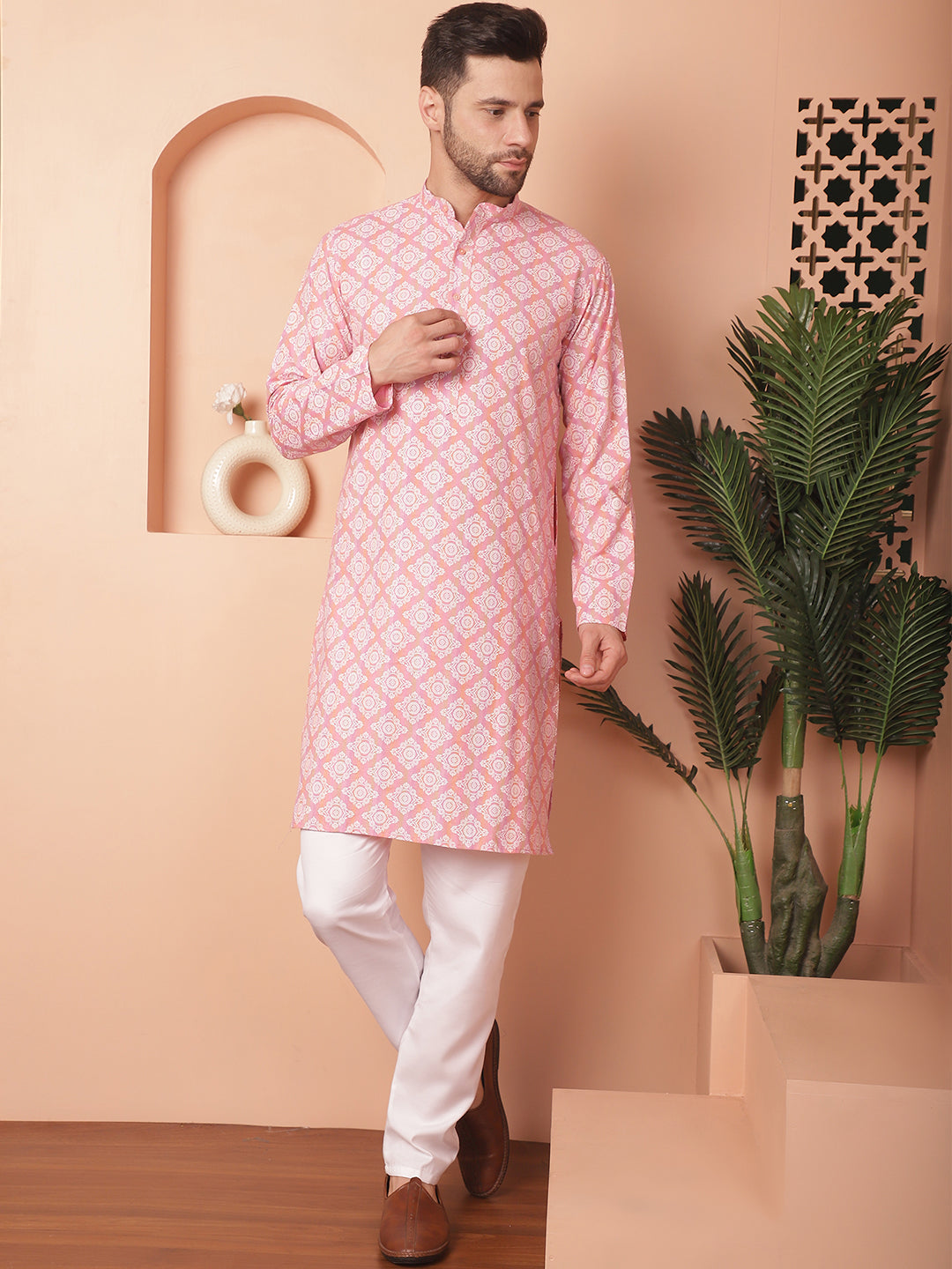 Men's Peach and White Floral Printed Kurta with Churidar - Taantav