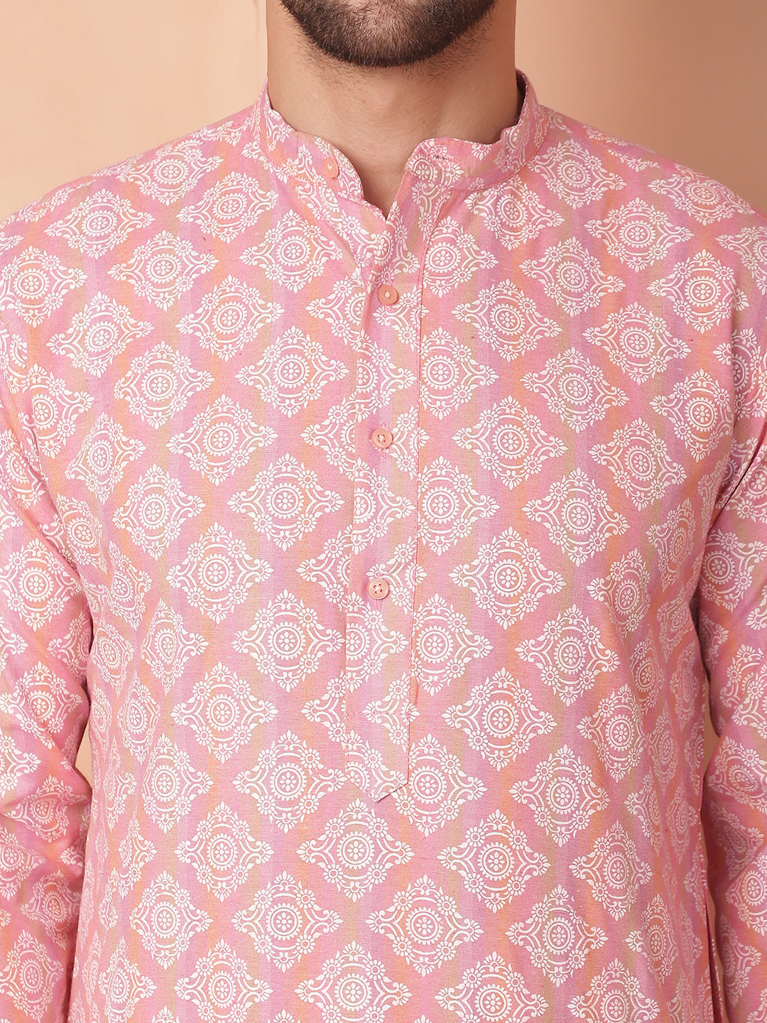 Men's Peach and White Floral Printed Kurta with Churidar - Taantav