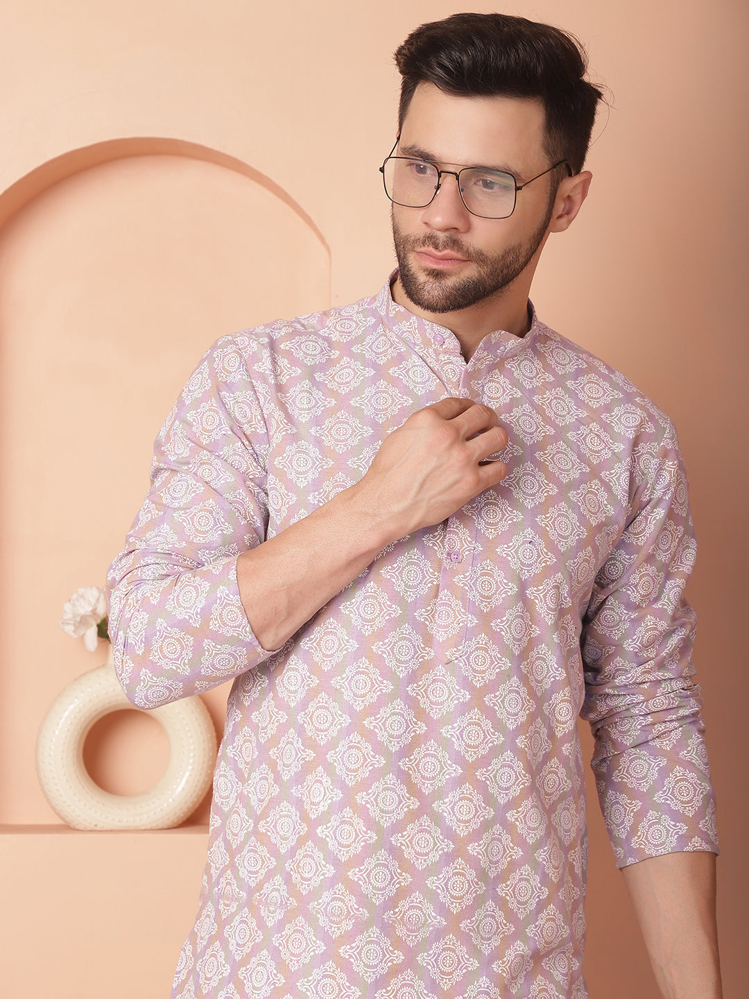 Men's Purple and White Floral Printed Kurta with Churidar - Taantav