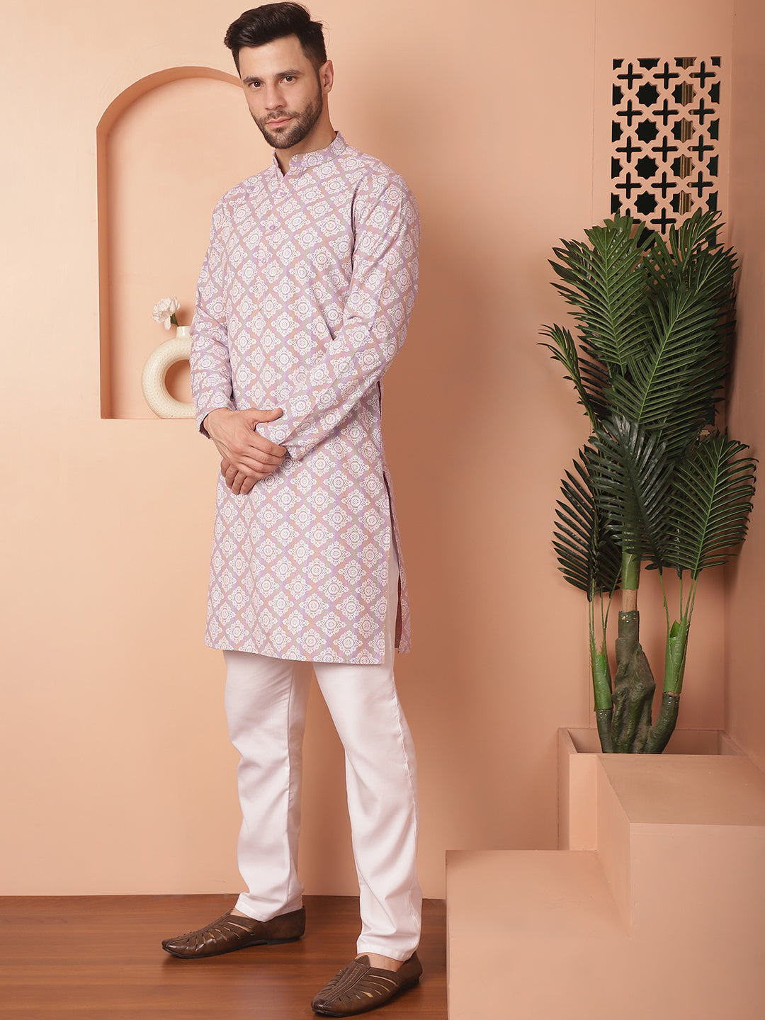 Men's Purple and White Floral Printed Kurta with Churidar - Taantav