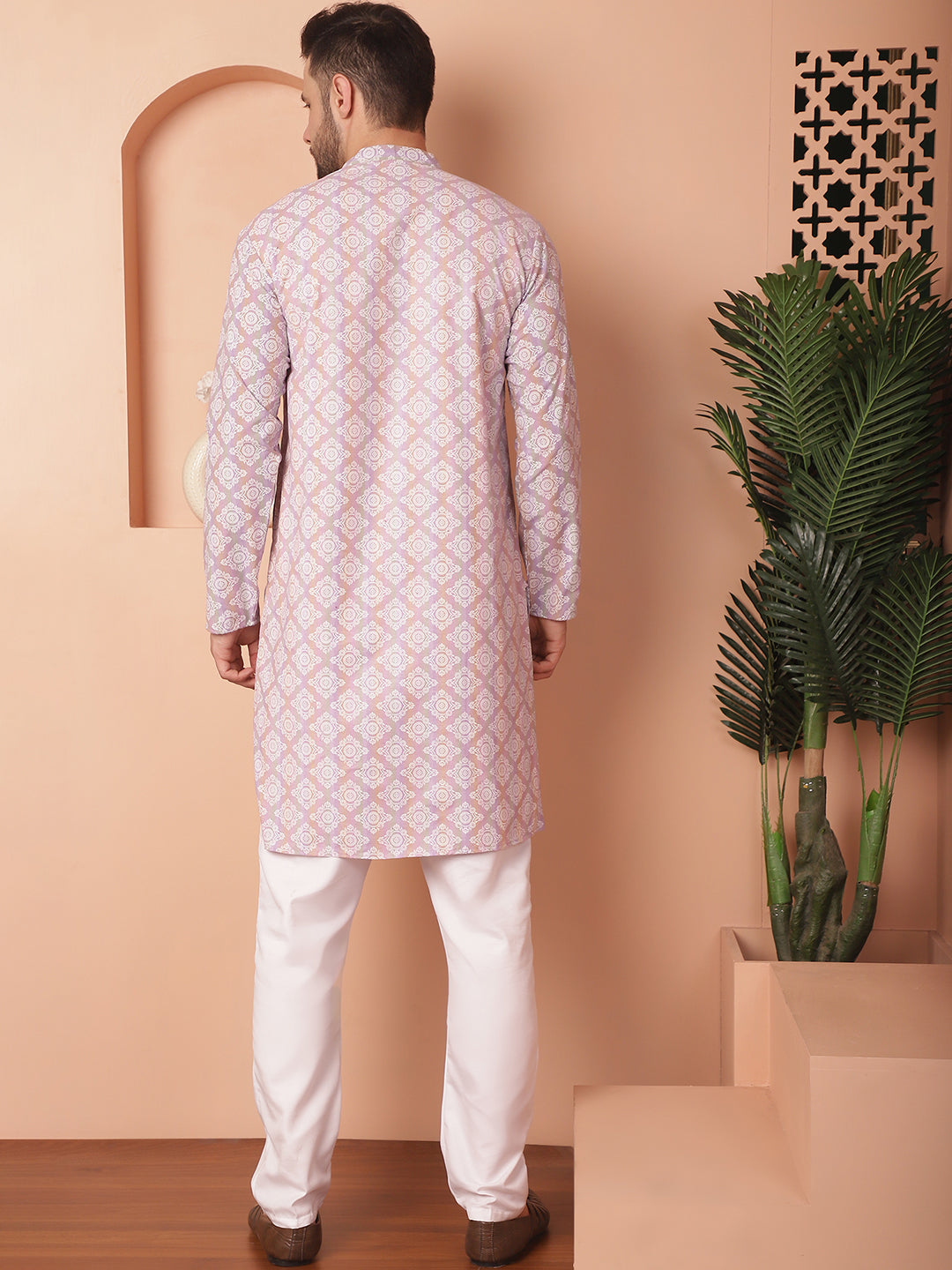 Men's Purple and White Floral Printed Kurta with Churidar - Taantav