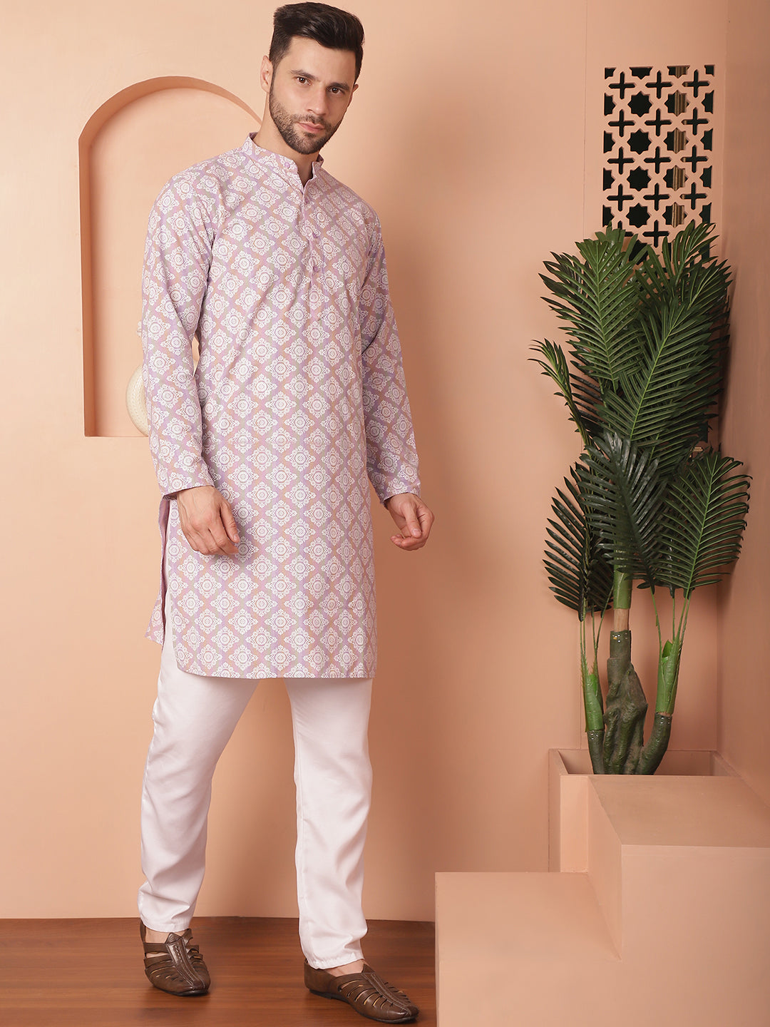 Men's Purple and White Floral Printed Kurta with Churidar - Taantav