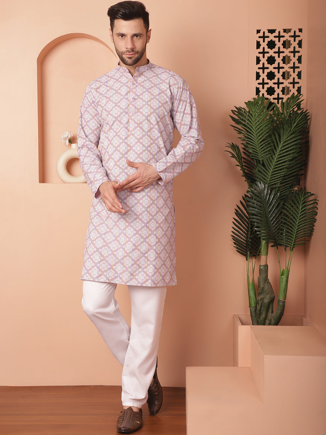 Men's Purple and White Floral Printed Kurta with Churidar - Taantav