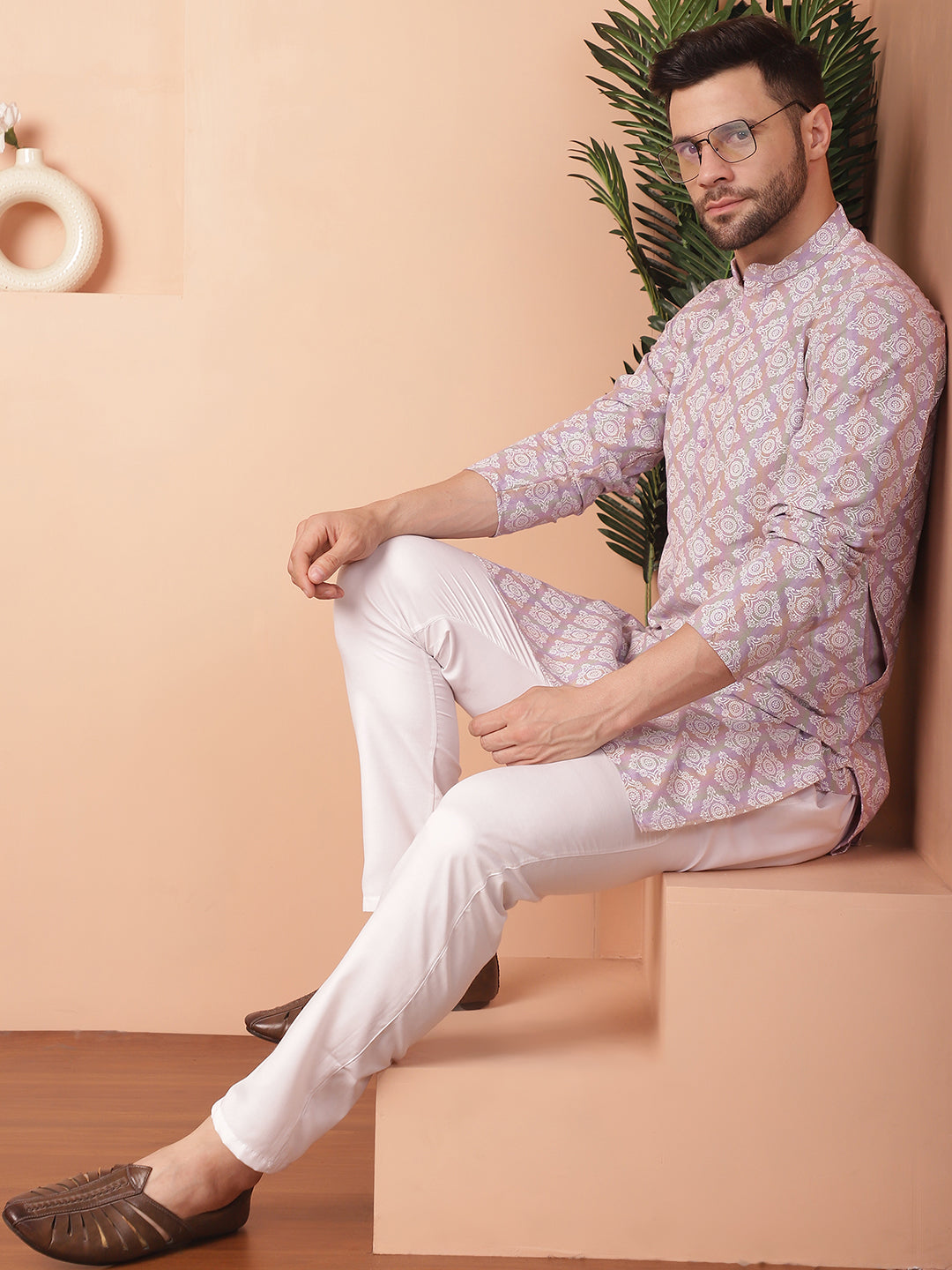 Men's Purple and White Floral Printed Kurta with Churidar - Taantav