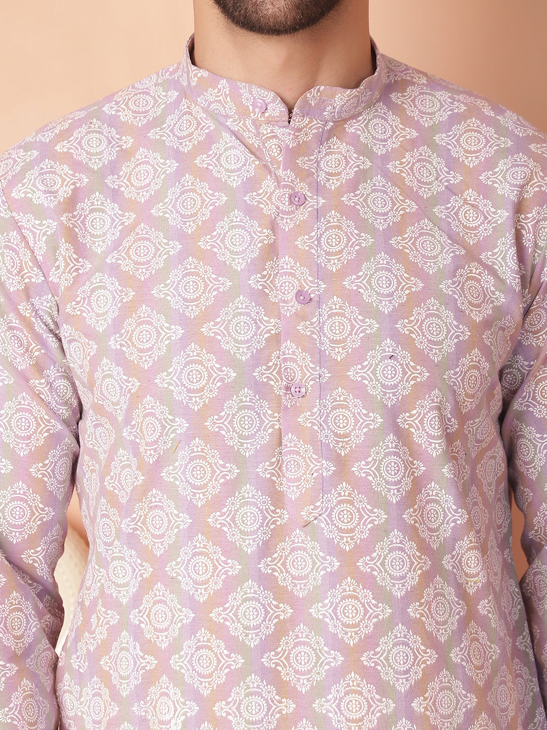 Men's Purple and White Floral Printed Kurta with Churidar - Taantav