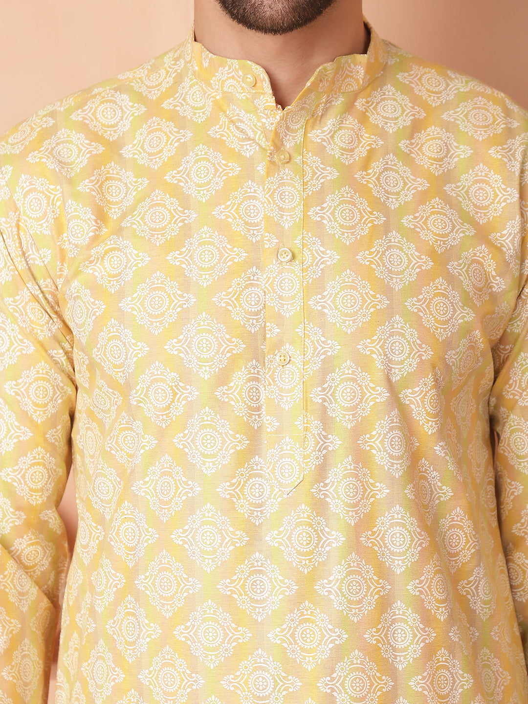 Men's Yellow and White Floral Printed Kurta with Churidar - Taantav