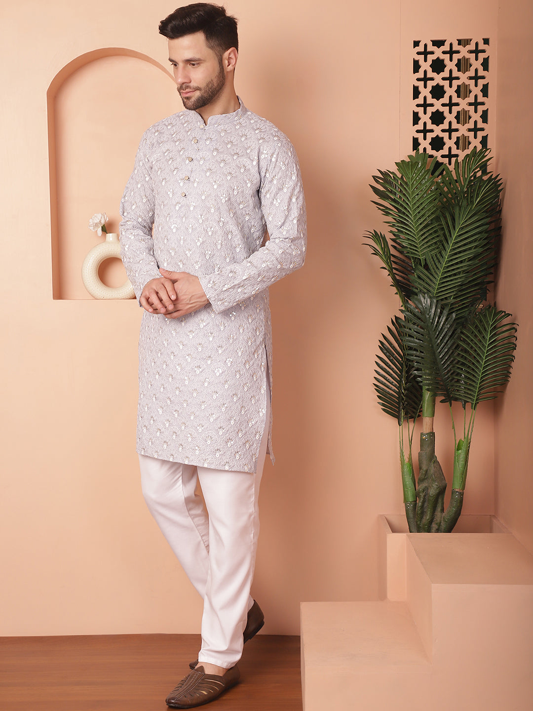 Men's Chikankari Pure Cotton Kurta with Pyjama - Taantav