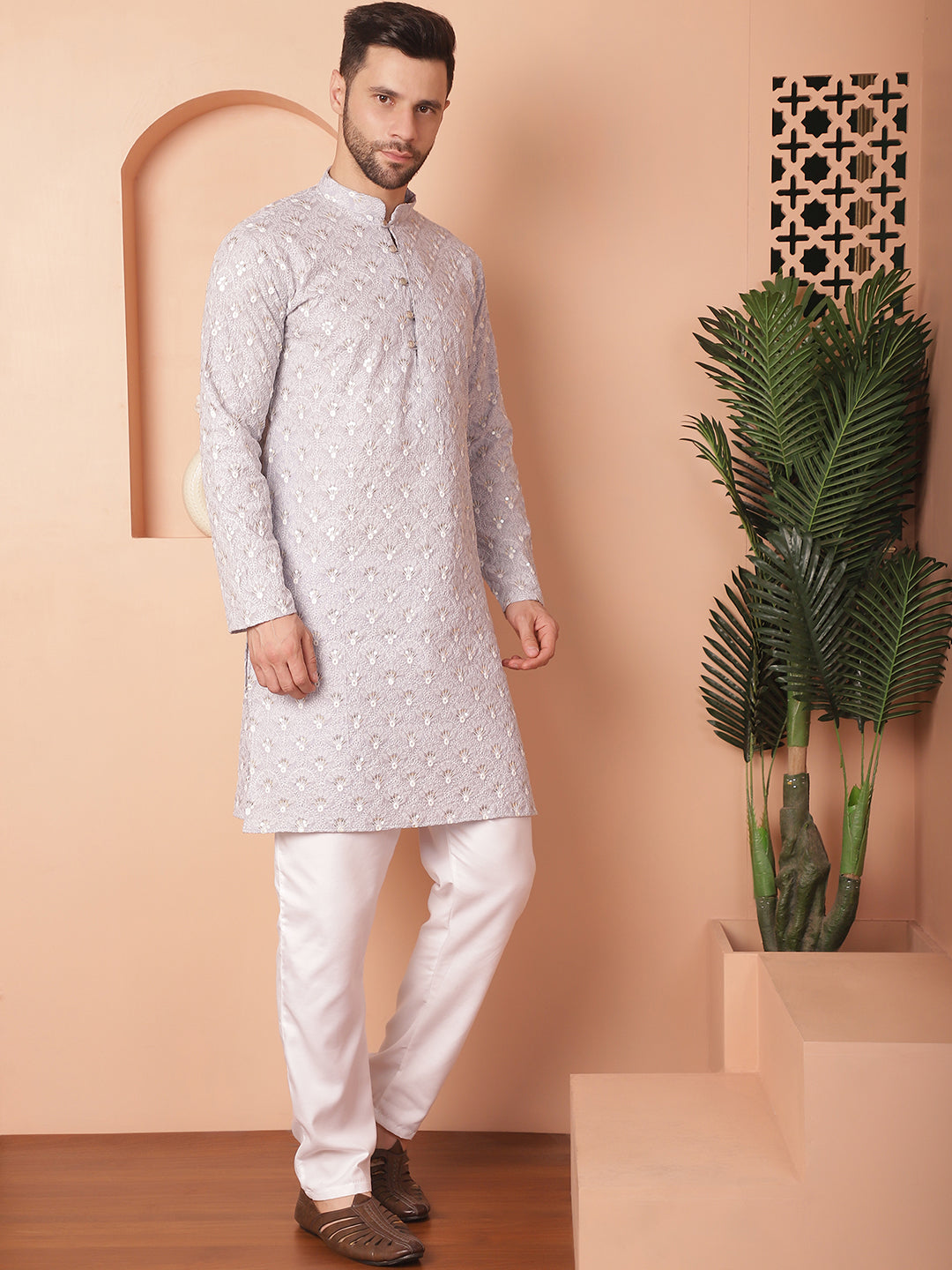 Men's Chikankari Pure Cotton Kurta with Pyjama - Taantav