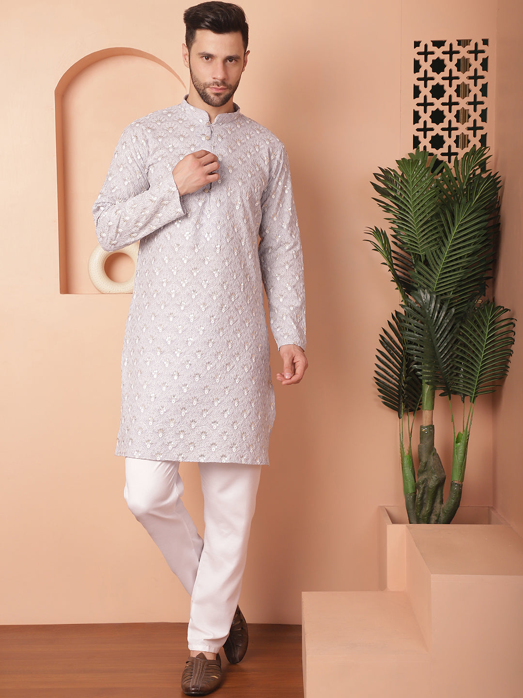 Men's Chikankari Pure Cotton Kurta with Pyjama - Taantav