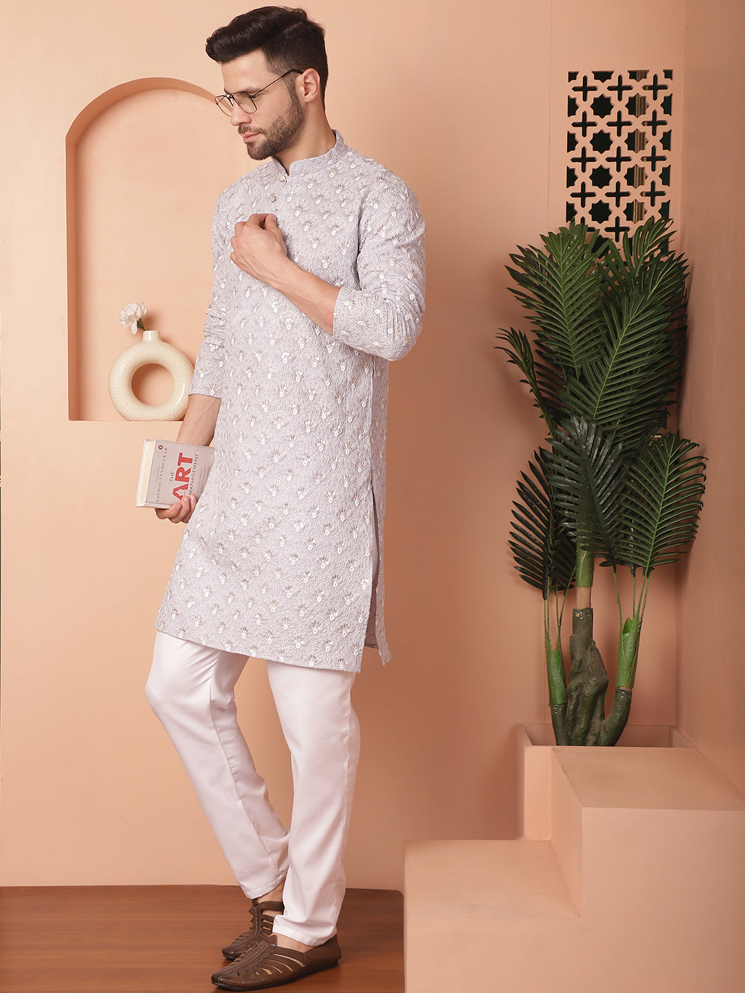 Men's Chikankari Pure Cotton Kurta with Pyjama - Taantav