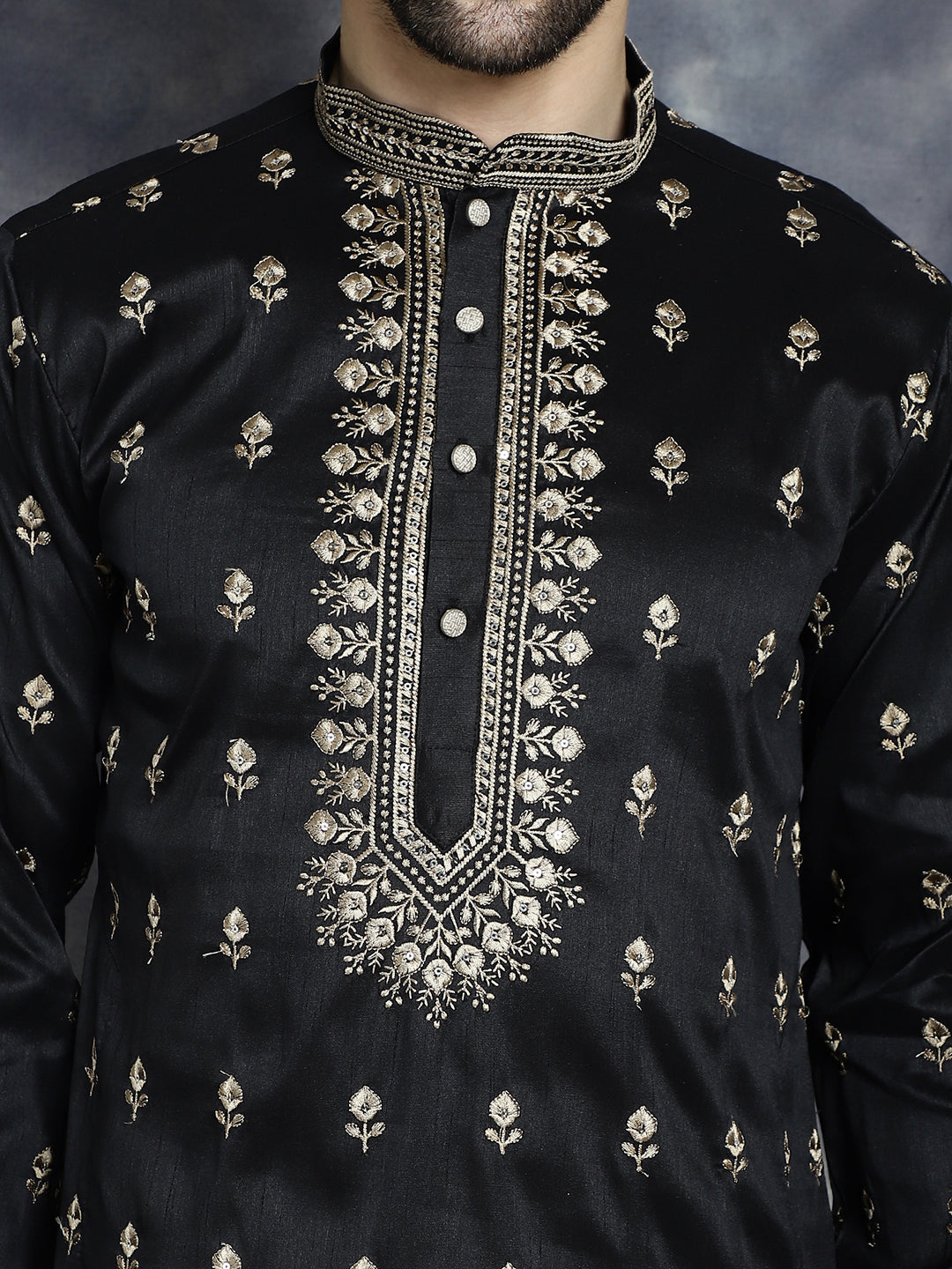 Men's Black Chikankari Embroidered Kurta With Pyjama - Taantav