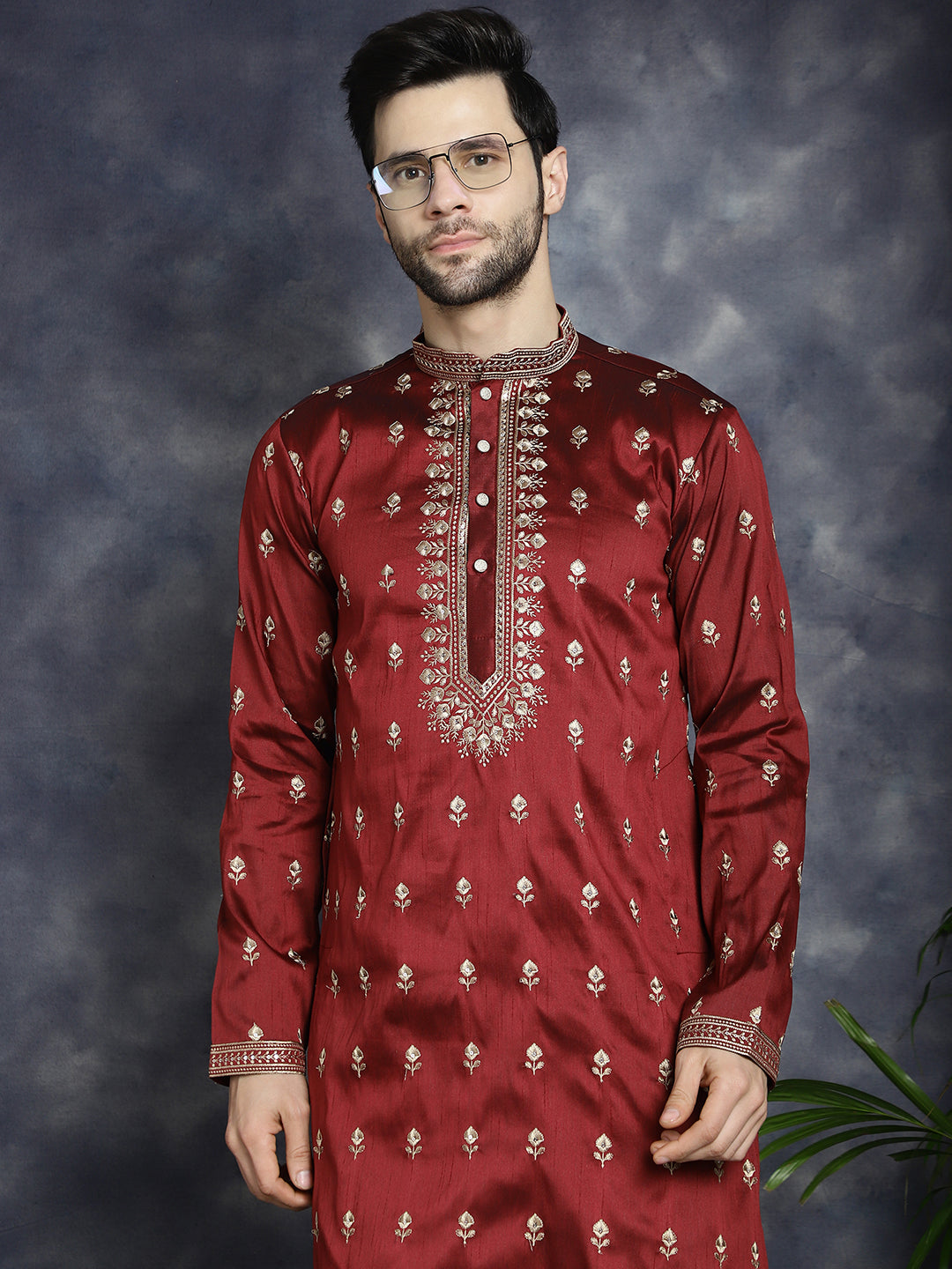 Men's Maroon Chikankari Embroidered Kurta With Pyjama - Taantav