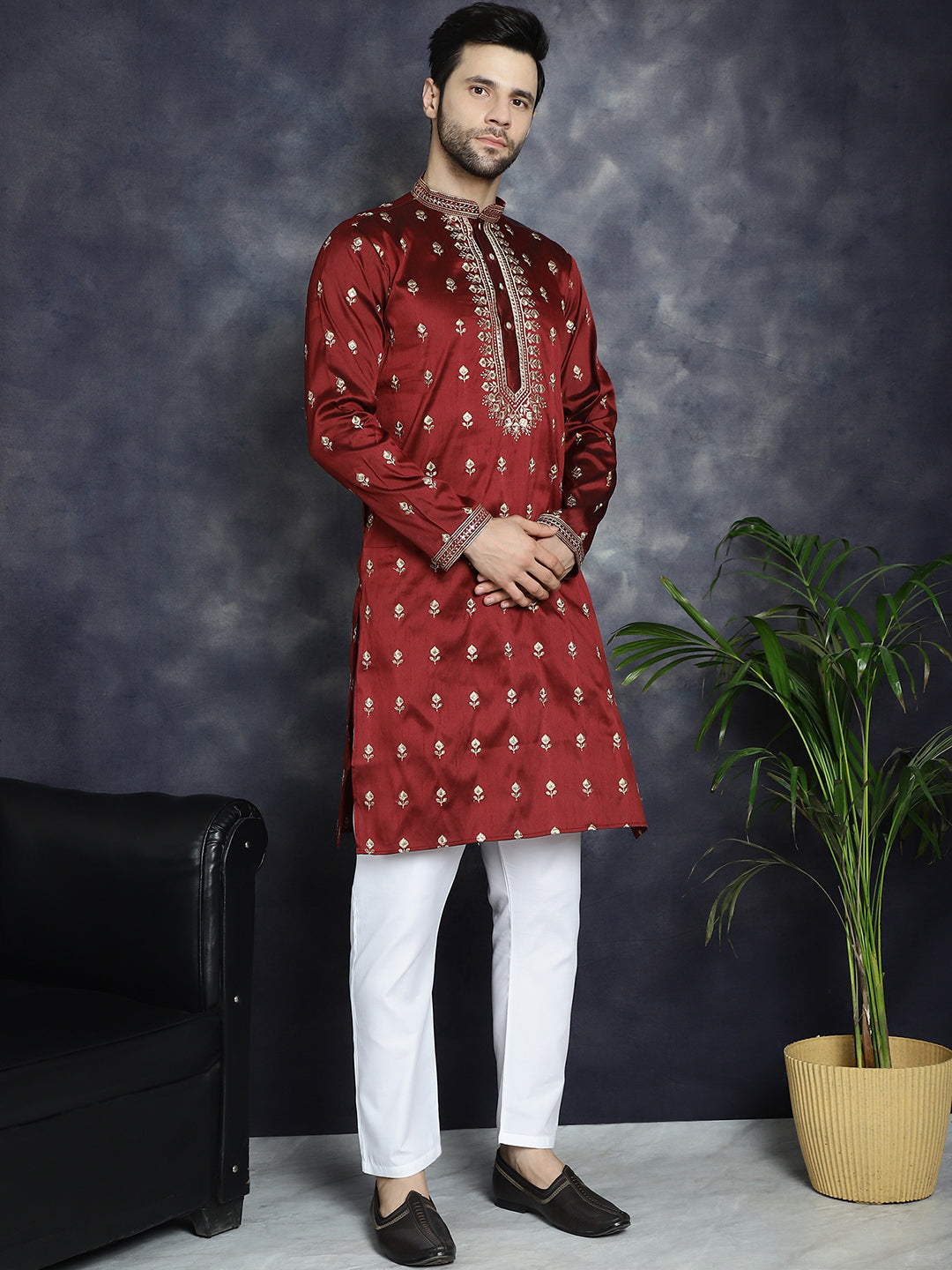 Men's Maroon Chikankari Embroidered Kurta With Pyjama - Taantav