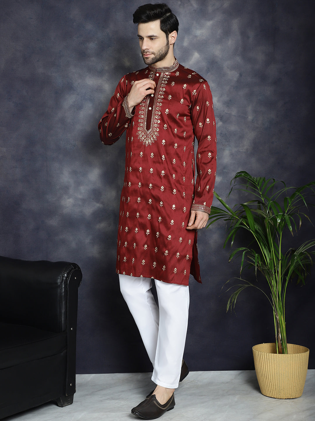 Men's Maroon Chikankari Embroidered Kurta With Pyjama - Taantav