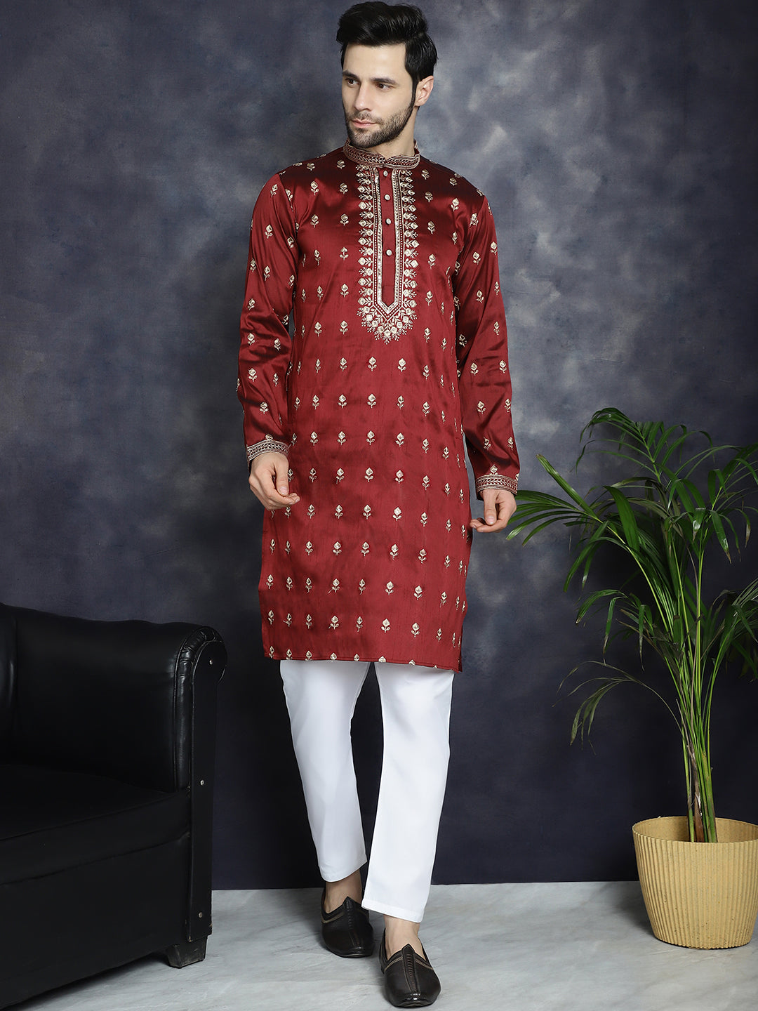 Men's Maroon Chikankari Embroidered Kurta With Pyjama - Taantav