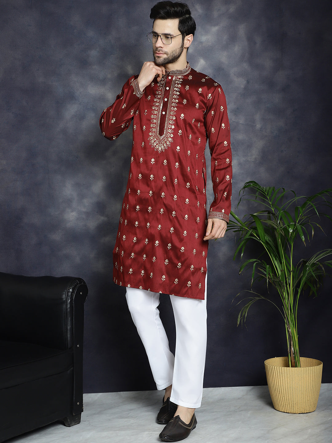 Men's Maroon Chikankari Embroidered Kurta With Pyjama - Taantav